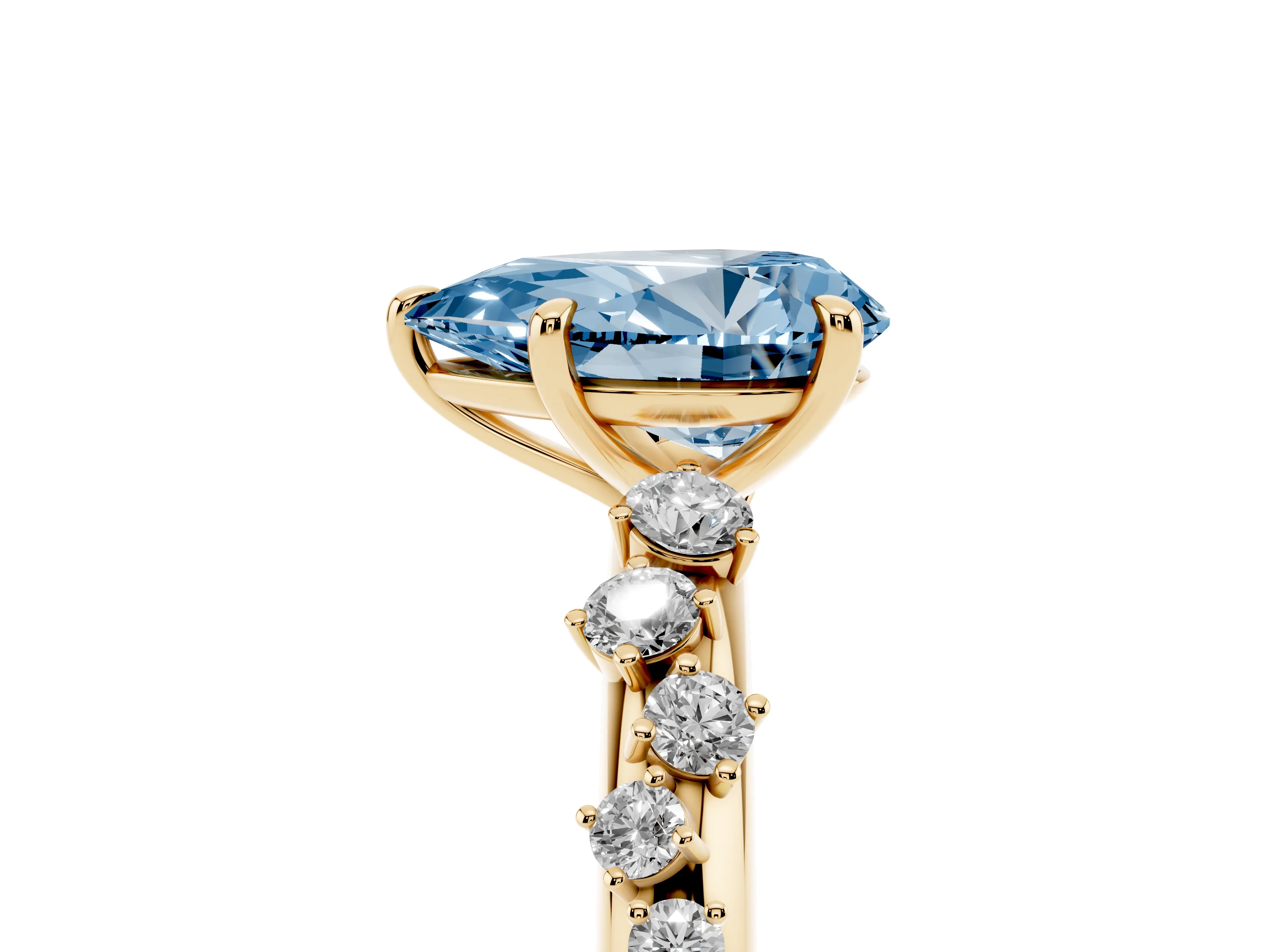 Fancy Blue Pear Cut Diamond Cluster Solitaire Ring Set in Yellow gold with Prong Setting