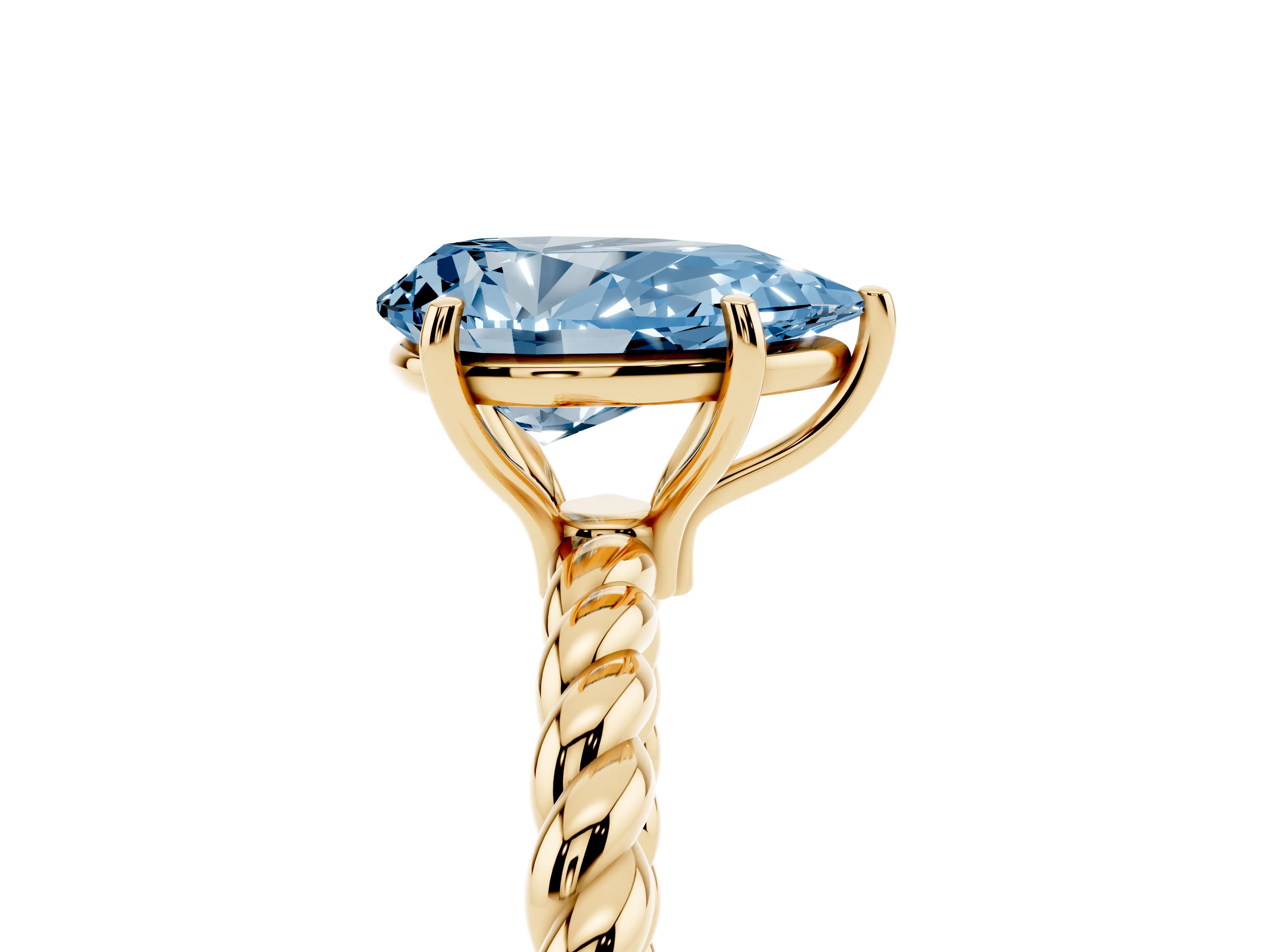 Fancy Blue Pear Cut Diamond Solitaire Ring Set in Yellow gold with Twist Band and Prong Setting