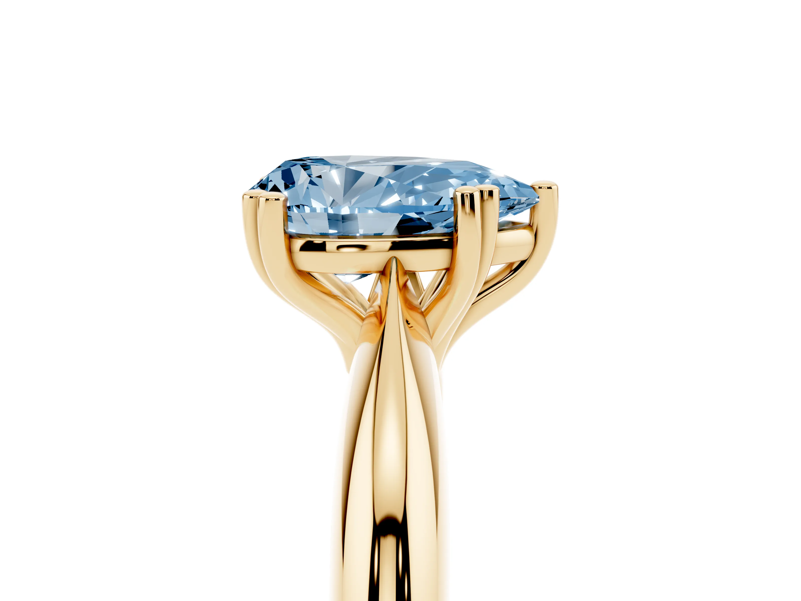 Fancy Blue Pear Cut Diamond Solitaire Engagement Ring Set in Yellow gold with Tapered Band and Prong Setting