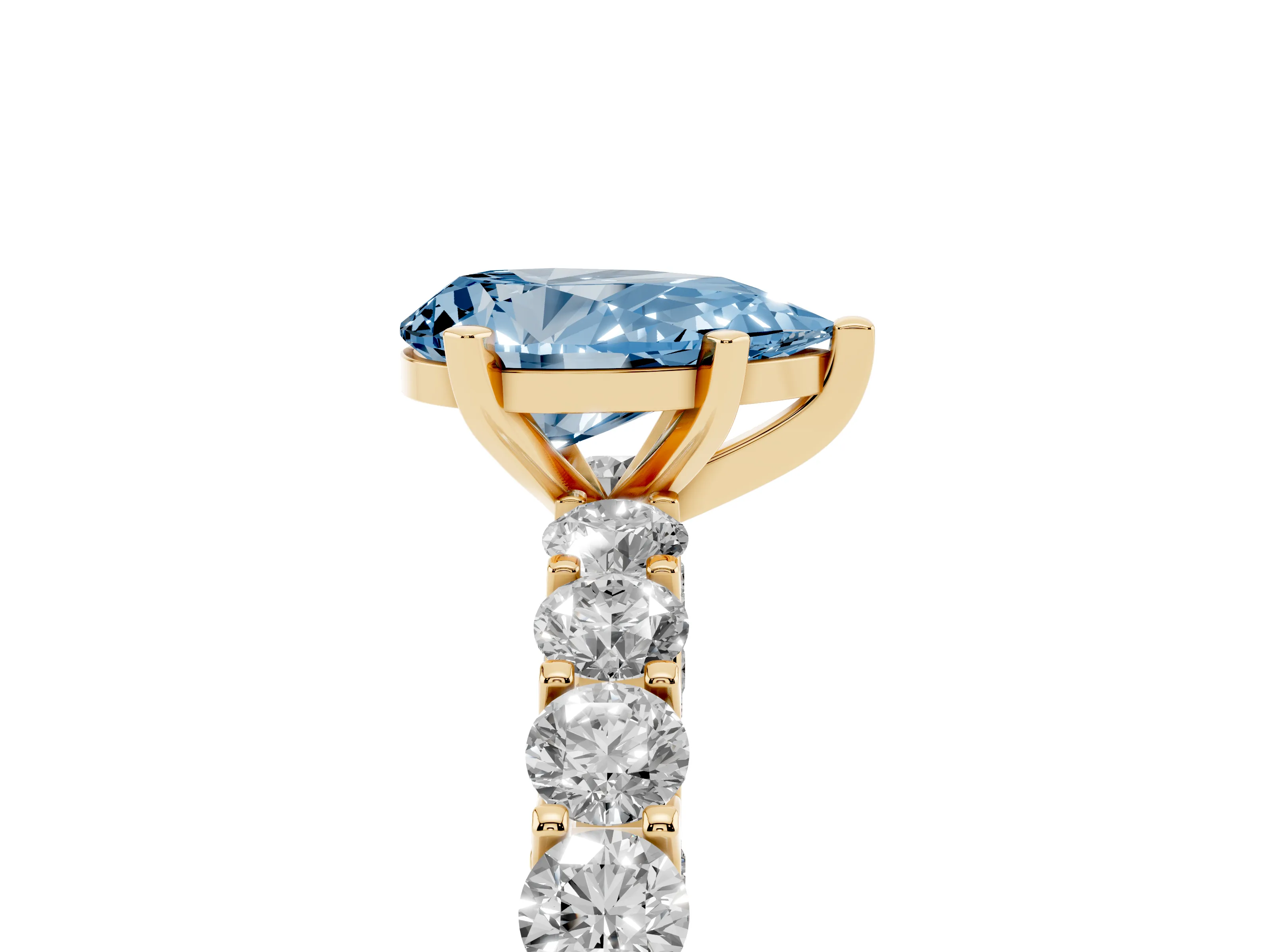 Fancy Blue Pear Cut Diamond Solitaire Ring Set in Yellow gold with Shared Prong Pavé Band