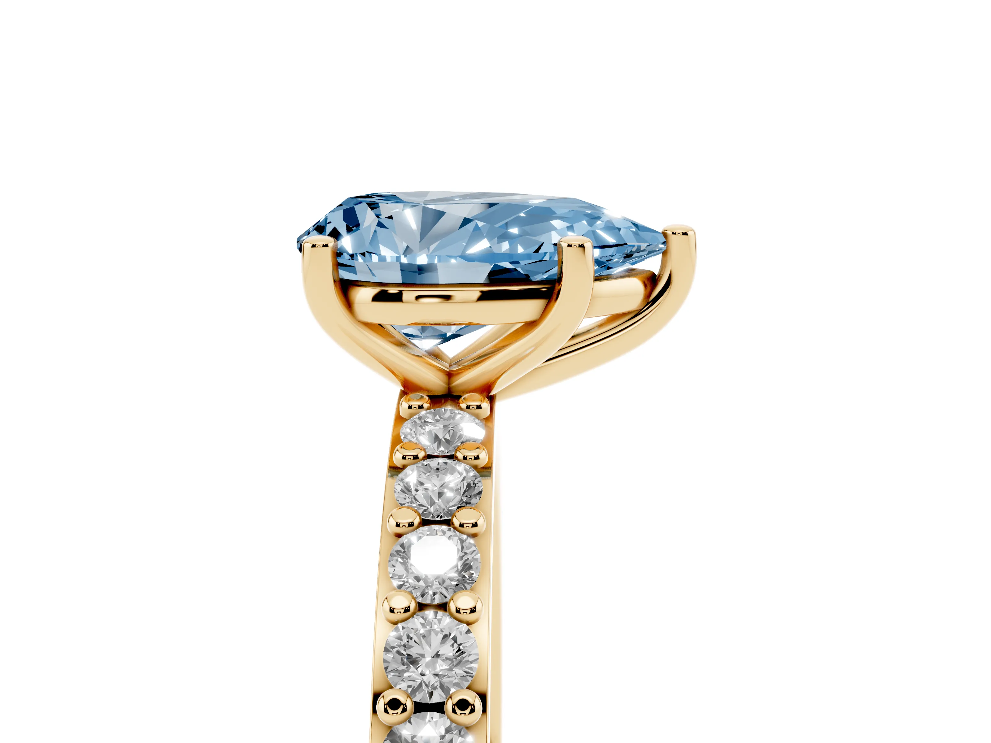 Fancy Blue Pear Cut Diamond Solitaire Set in Yellow gold with Round Pavé Band and Prong Setting