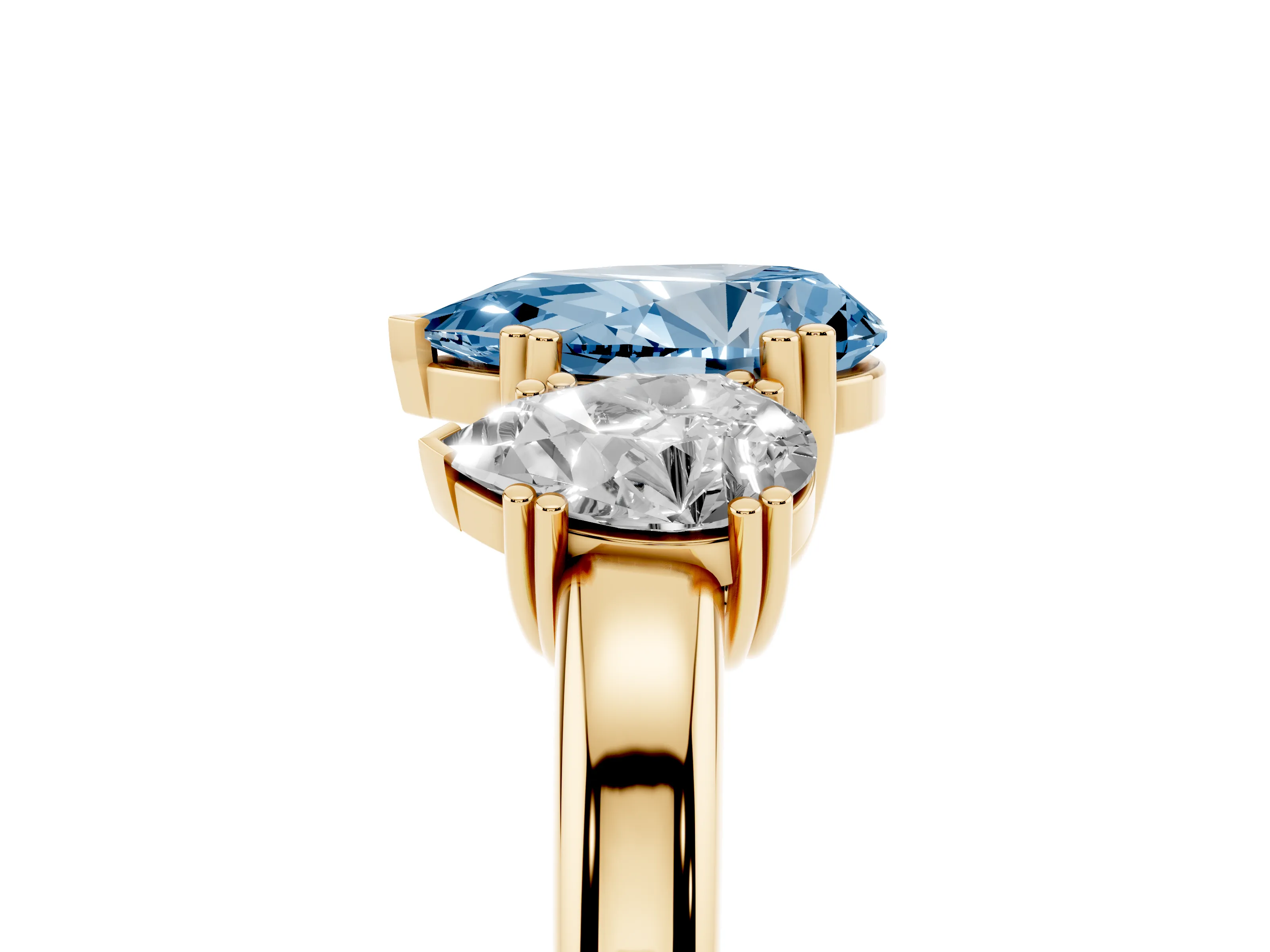 Fancy Blue Pear Cut Diamond Three-Stone Ring Set in Yellow gold with Polished Channel-Set Band