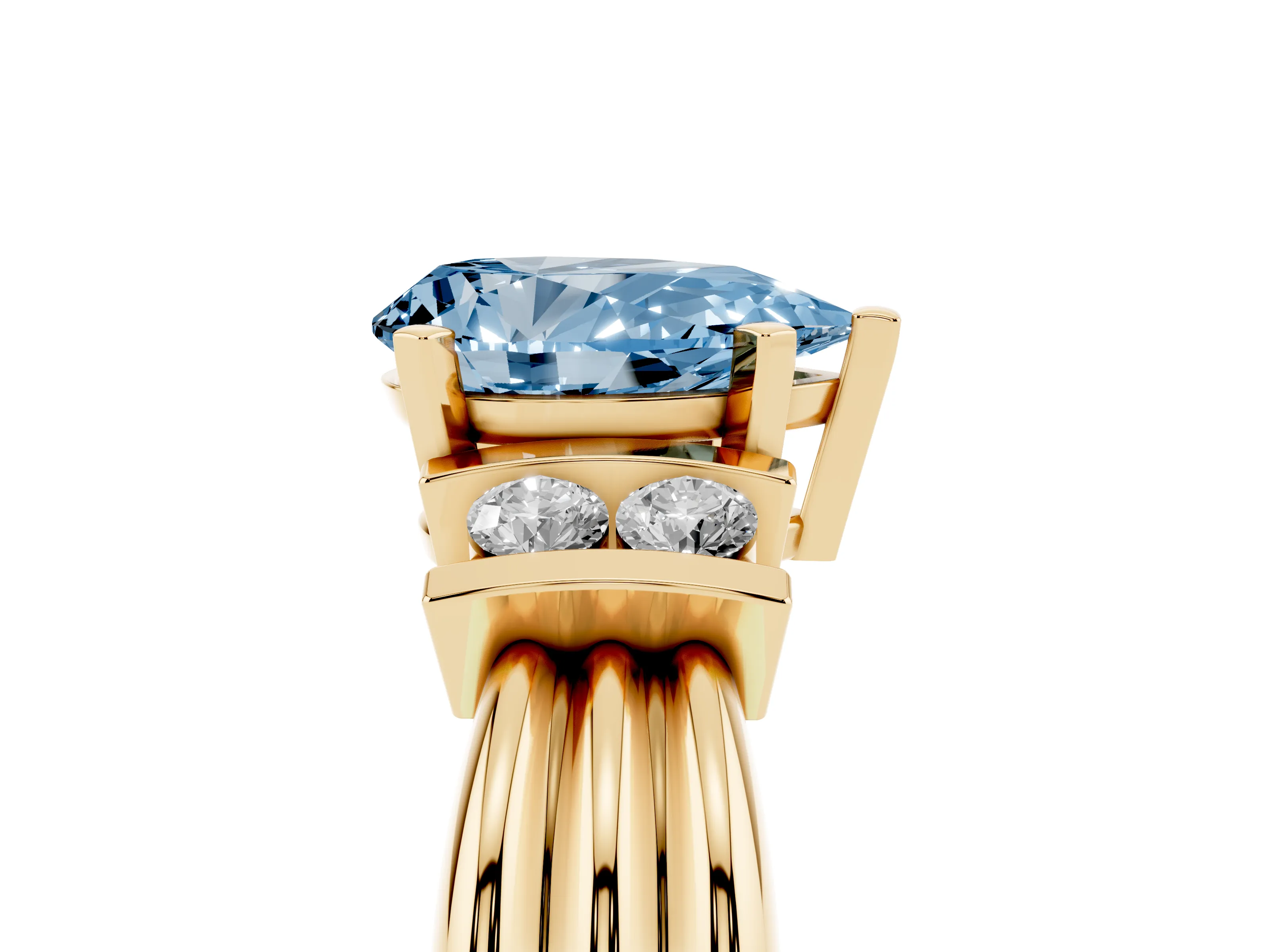 Fancy Blue Three-Stone Pear Cut Diamond Channel Set Ring Set in Yellow gold with Bar Prongs