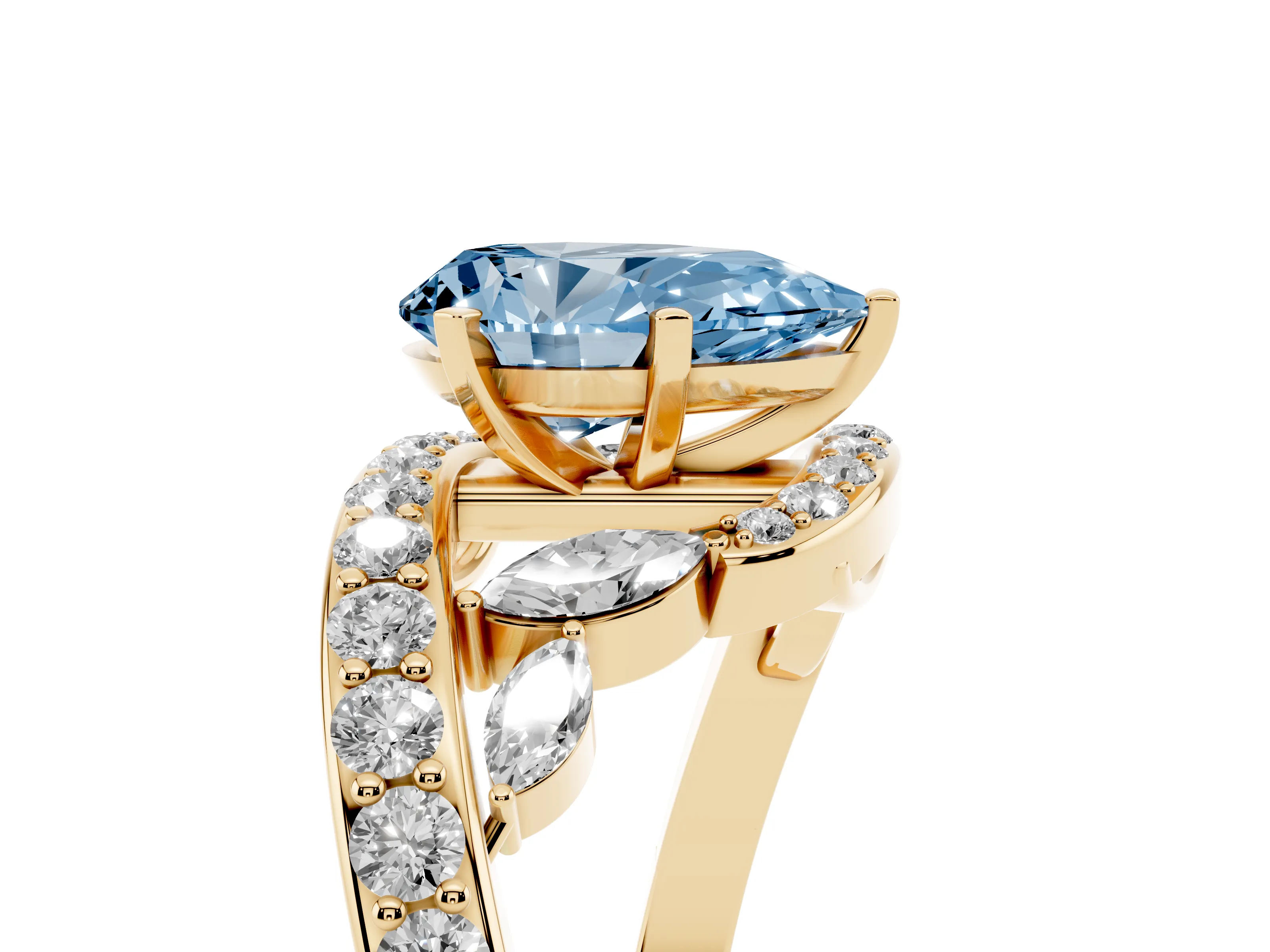 Fancy Blue Pear Cut Diamond Solitaire Ring Set in Yellow gold with Pavé Twist Band and Secure Prong Setting