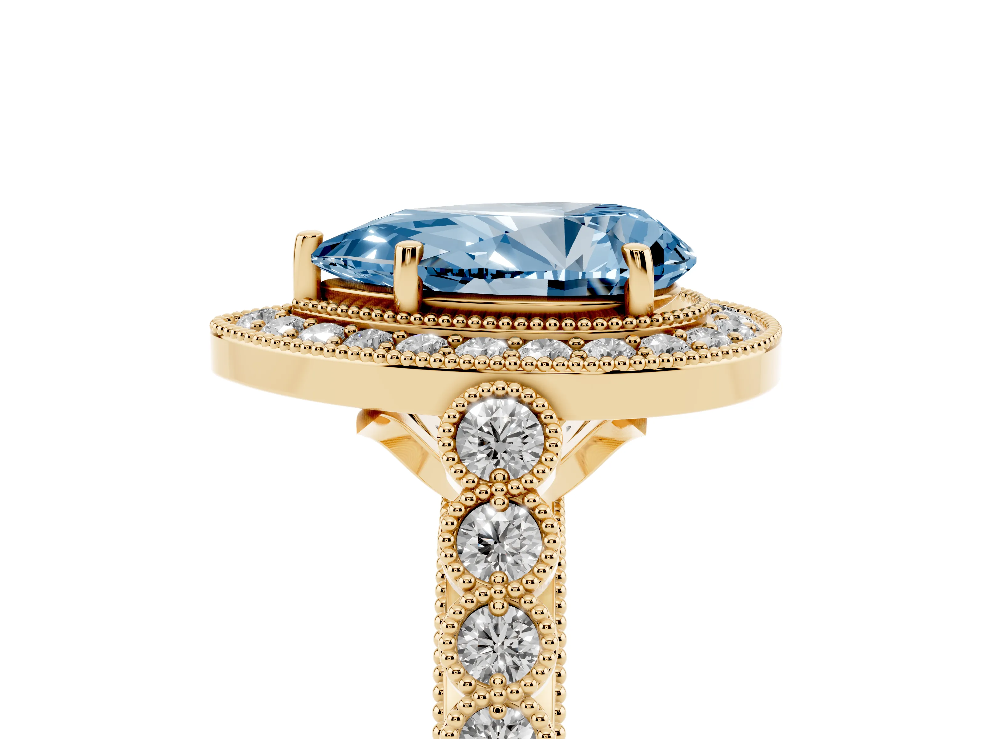 Fancy Blue Pear Cut Diamond Milgrain Halo Solitaire Ring Set in Yellow gold with Bezel Set Side Stones and Pavé Band
