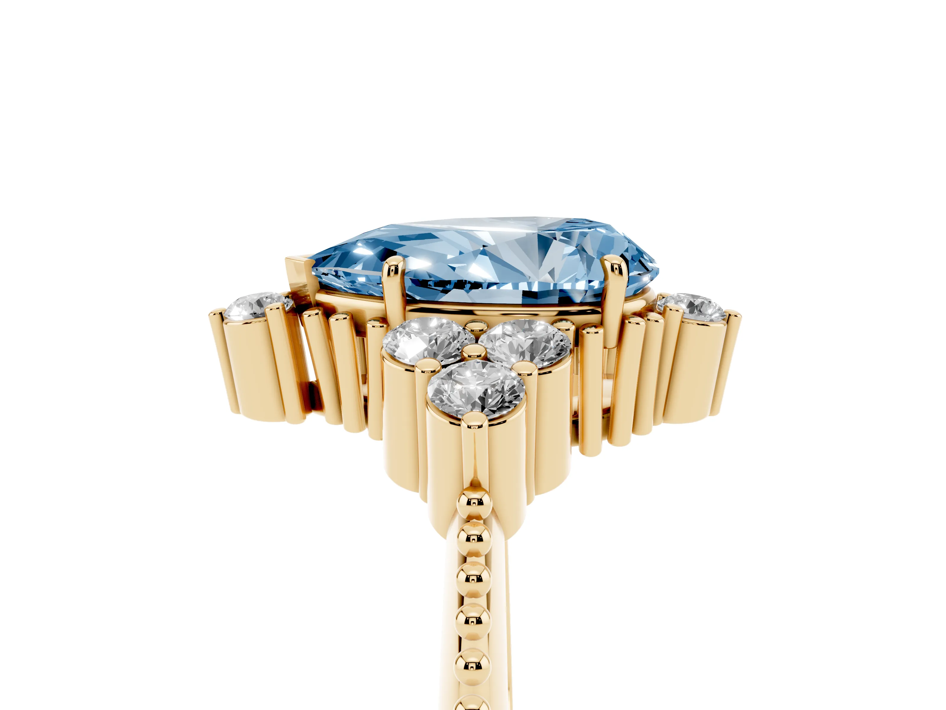Fancy Blue Pear Cut Diamond Cluster Ring Set in Yellow gold with Beaded Band