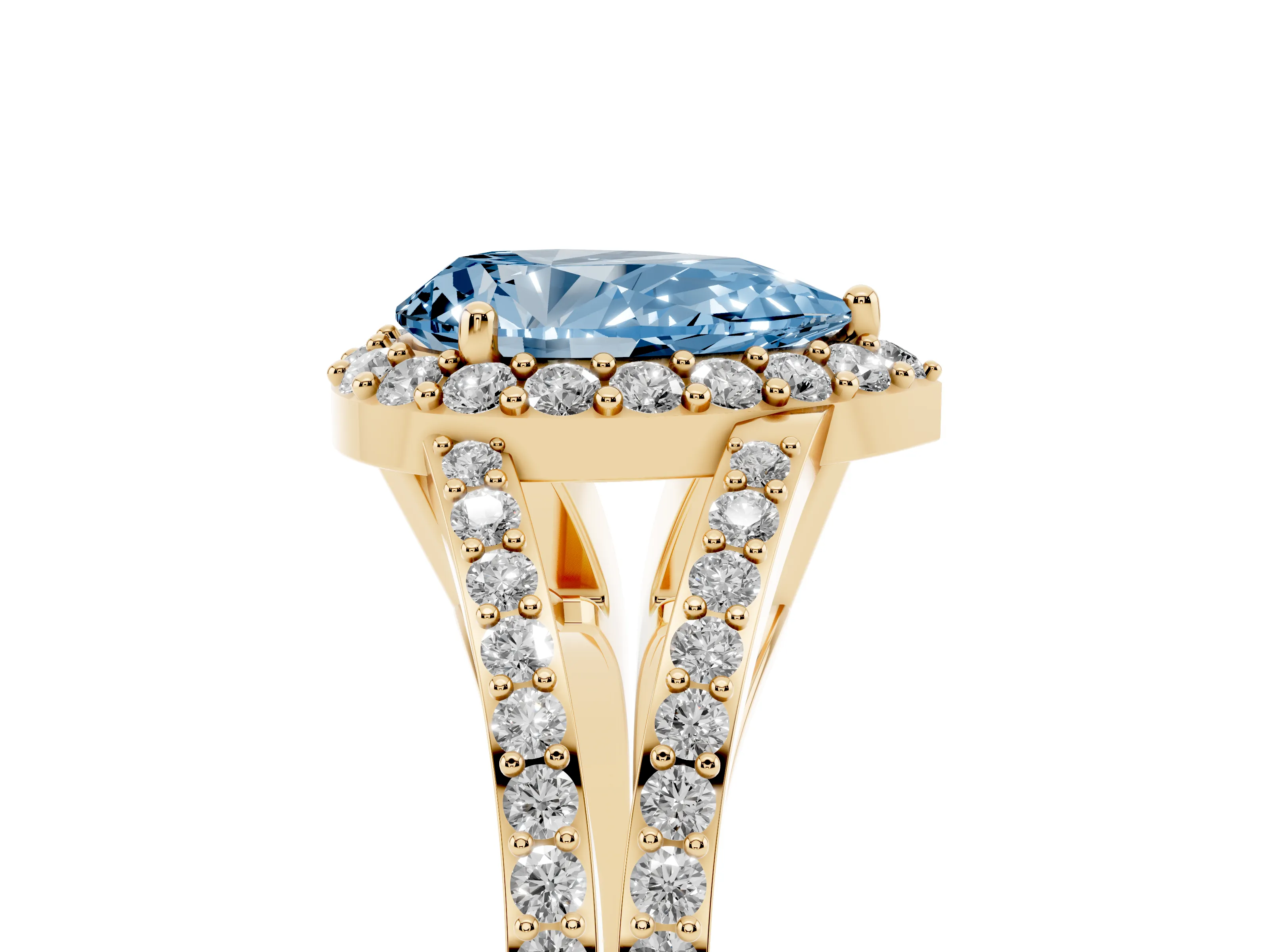 Fancy Blue Pear Cut Diamond Halo Split Shank Pavé Ring Set in Yellow gold with Prong Setting