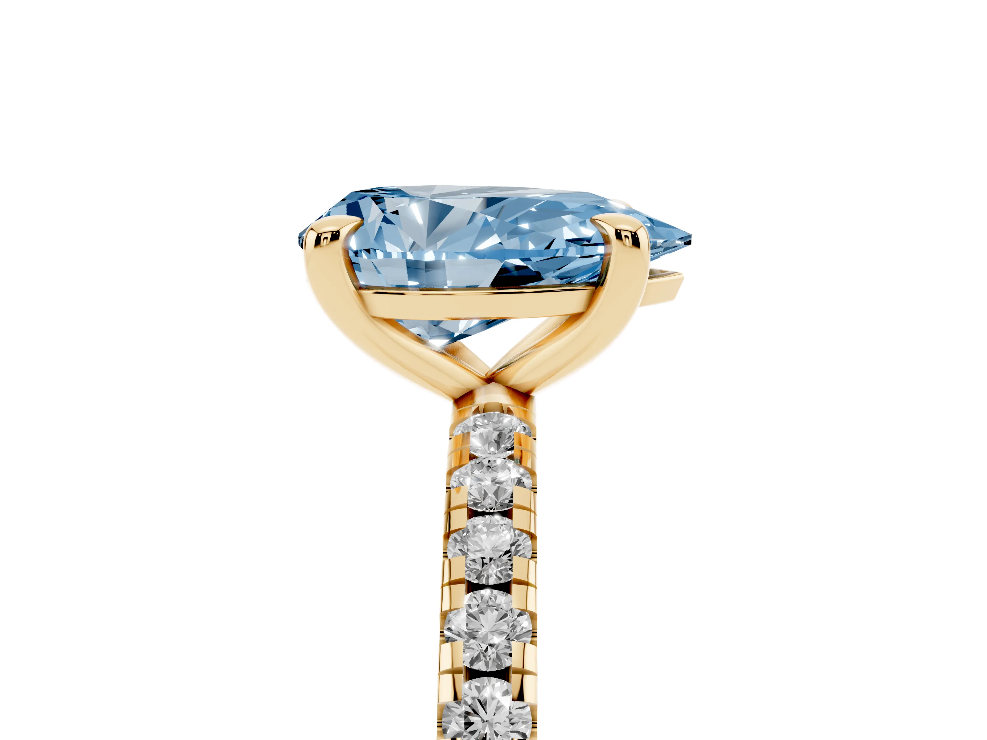 Fancy Blue Pear Cut Diamond Brilliant Solitaire Ring Set in Yellow gold with Pavé Band and Prong Setting