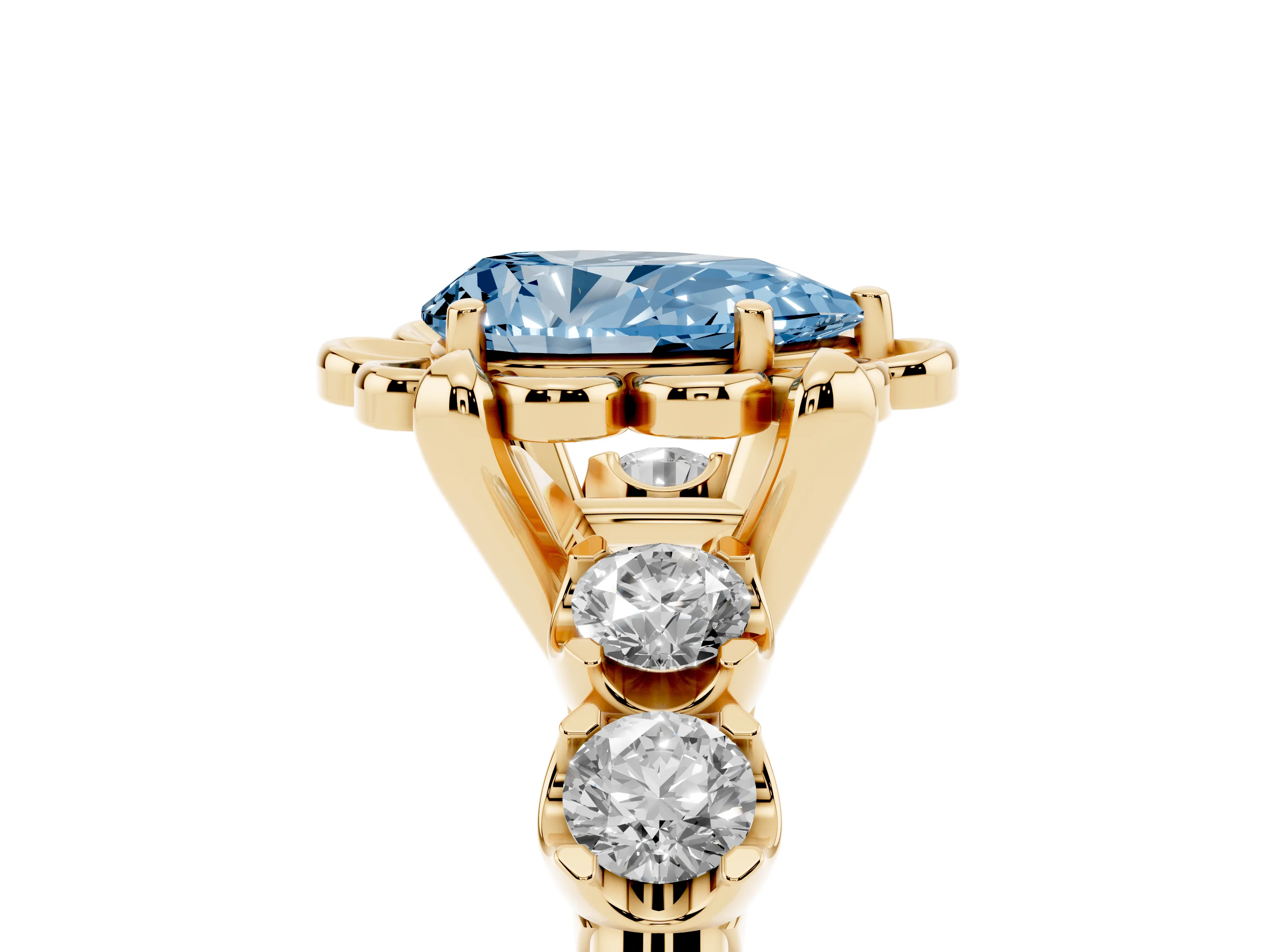 Fancy Blue Pear Cut Diamond Floral Halo Ring Set in Yellow gold with Shared Prong Band
