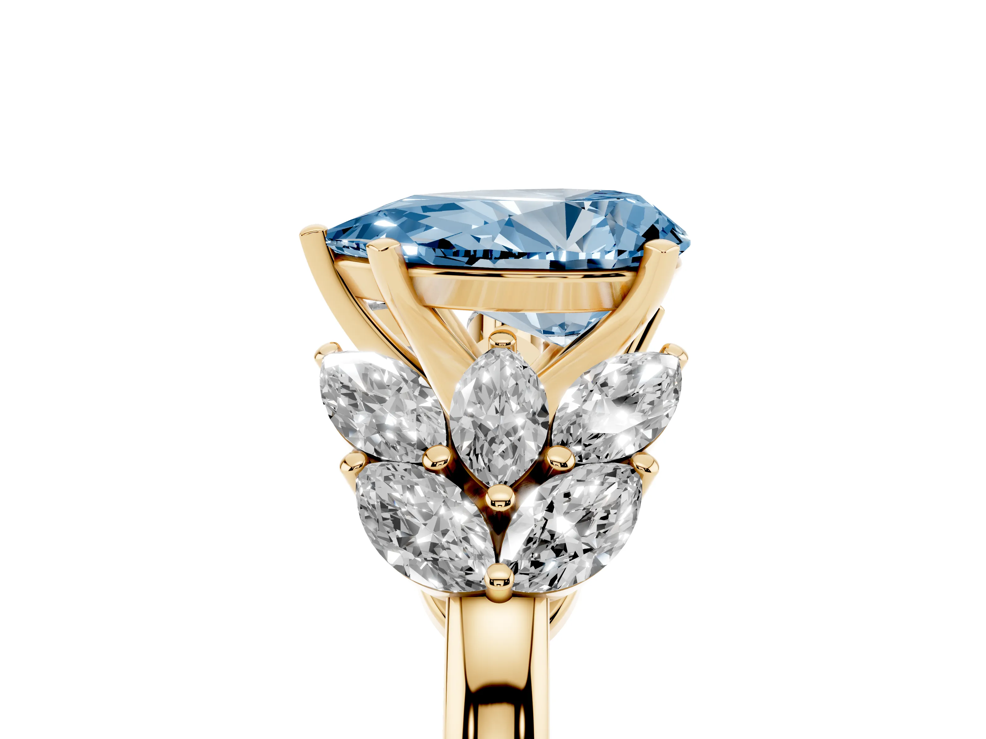 Fancy Blue Pear Cut Diamond Cluster Leaf Design Ring Set in Yellow gold with Prong Setting