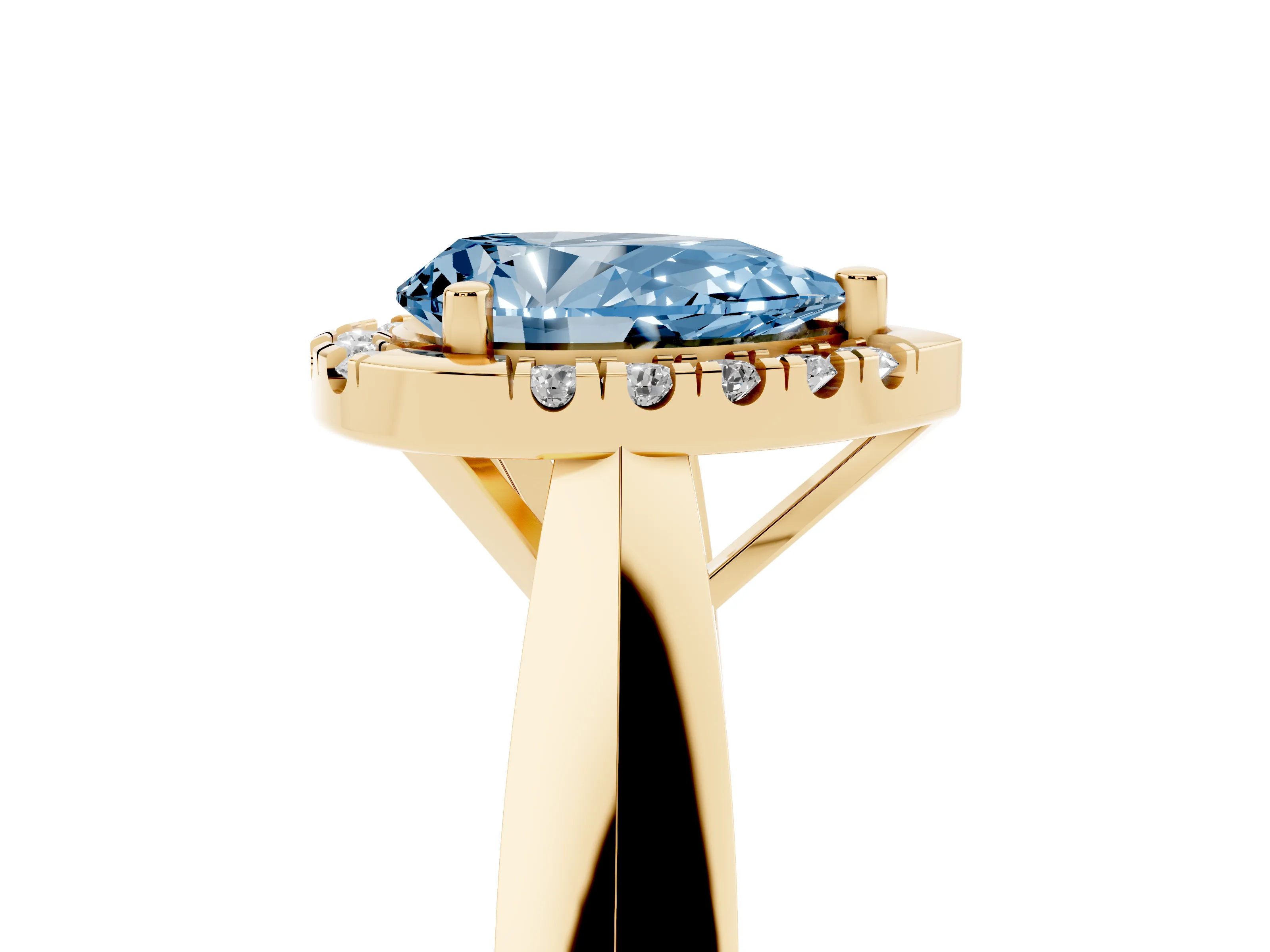 Fancy Blue Pear Cut Diamond Halo Solitaire Engagement Ring Set in Yellow gold with Square Band and Prong Setting