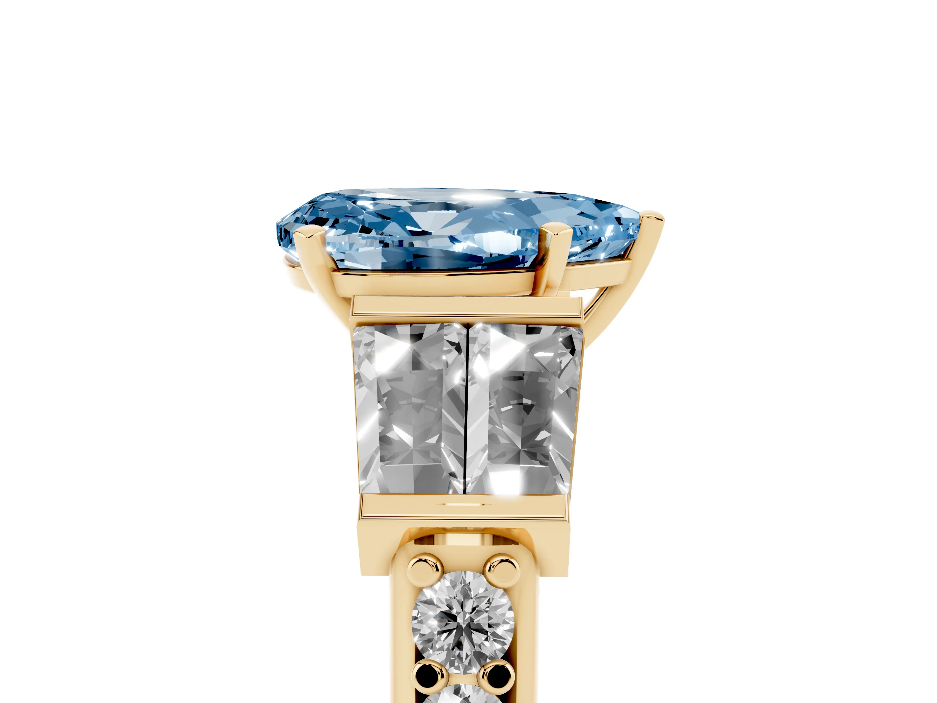 Fancy Blue Pear Cut Diamond Engagement Ring Set in Yellow gold with Baguette Side Stones and Channel Set Band