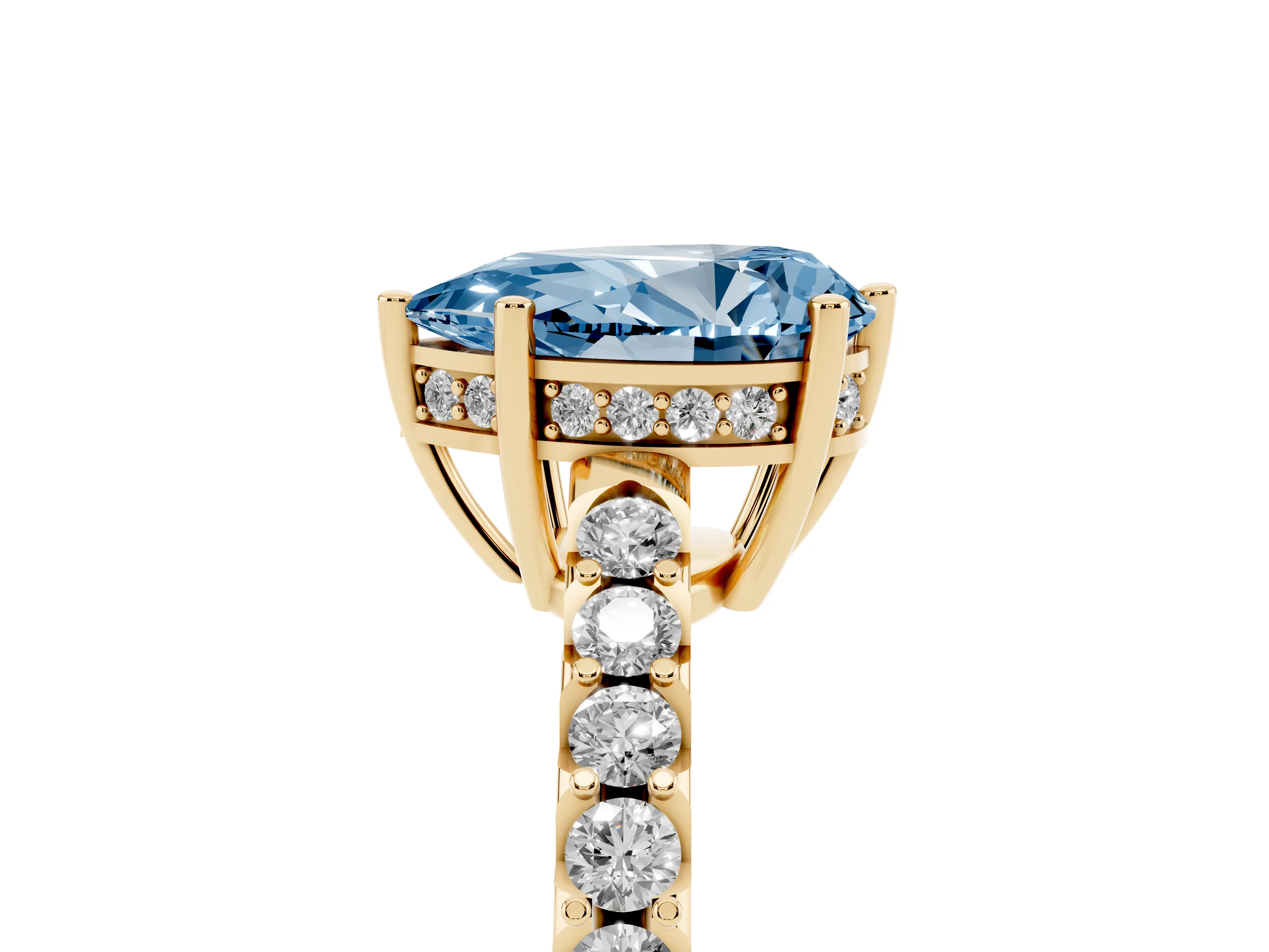 Fancy Blue Pear Cut Diamond Solitaire Engagement Ring Set in Yellow gold with Pavé Band and Prong Setting