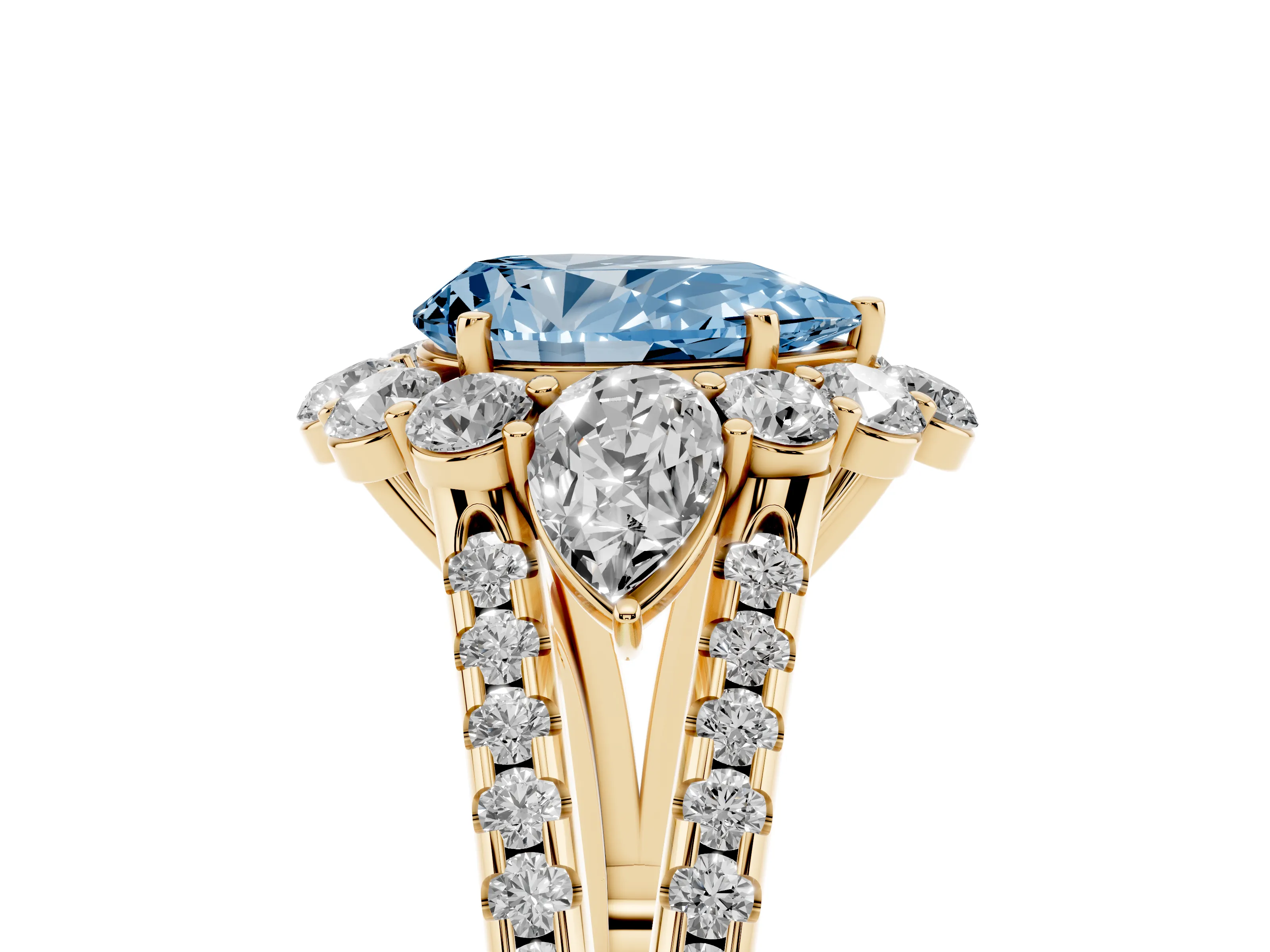 Fancy Blue Pear Cut Diamond Halo Split Shank Engagement Ring Set in Yellow gold with Prong-Held Center Stone