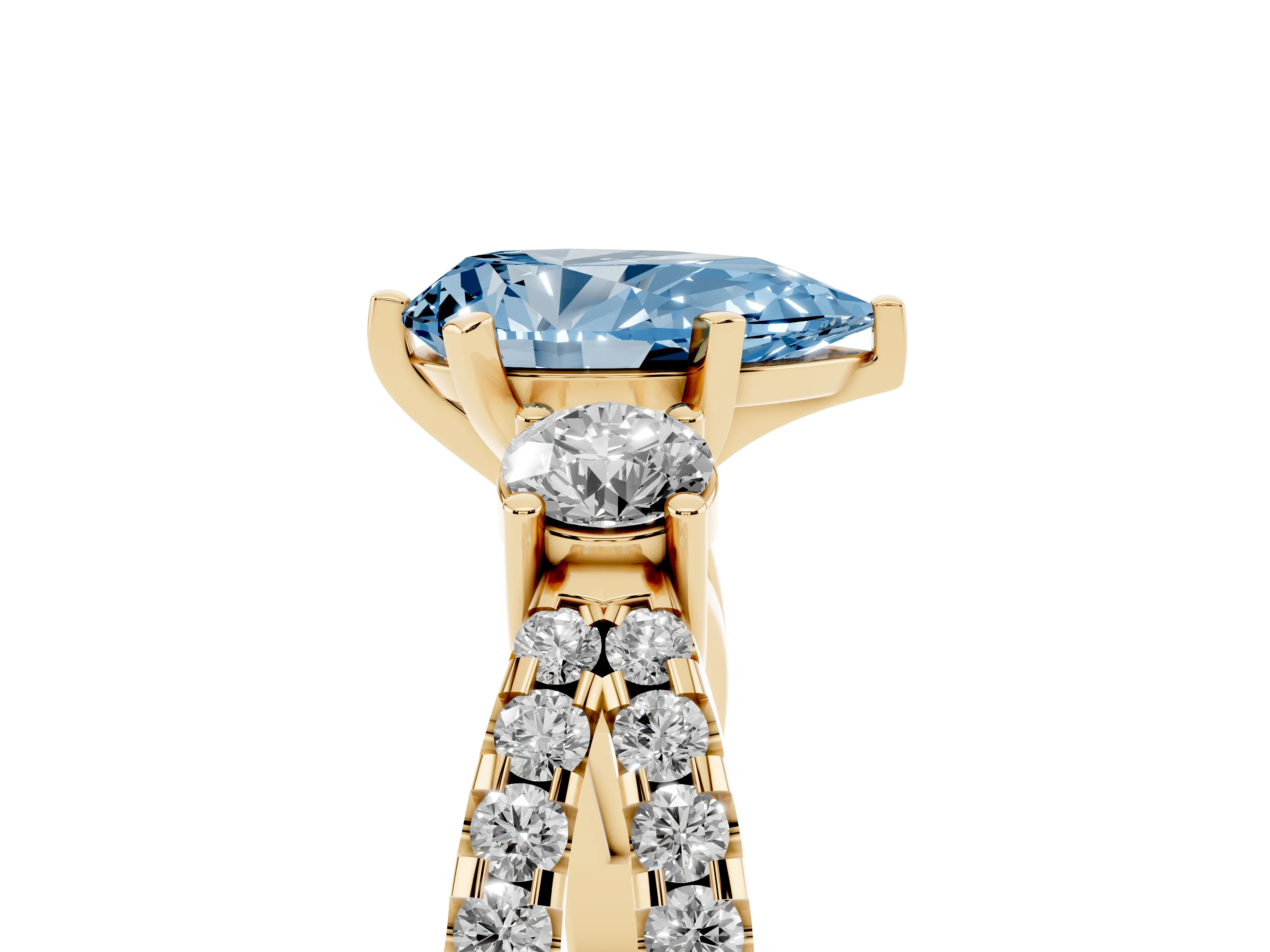 Fancy Blue Pear Cut Diamond Three-Stone Ring Set in Yellow gold with Pavé Split Shank and Prong Setting