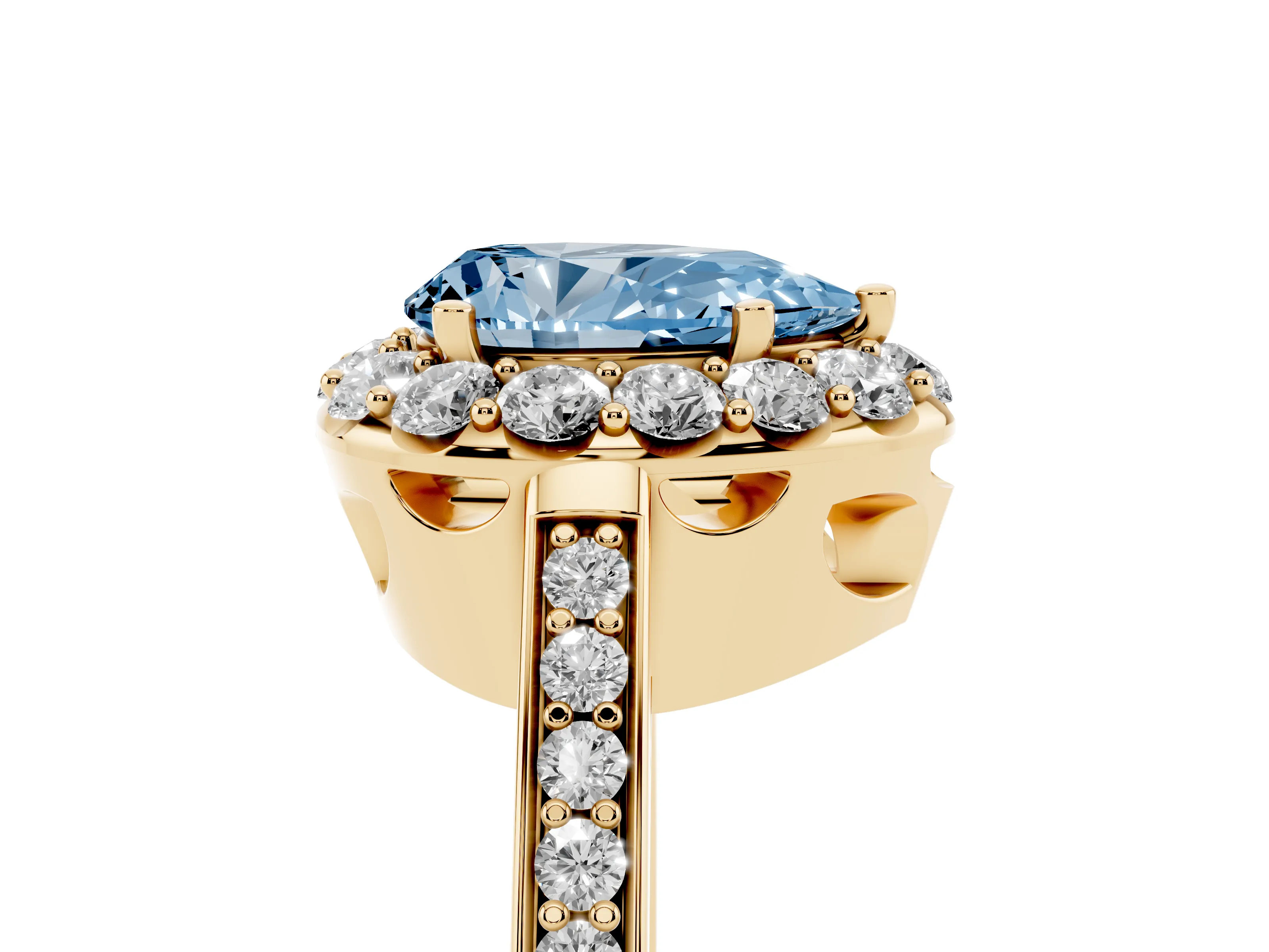 Fancy Blue Pear Cut Diamond Floral Halo Ring Set in Yellow gold with Pavé Band and Prong Setting