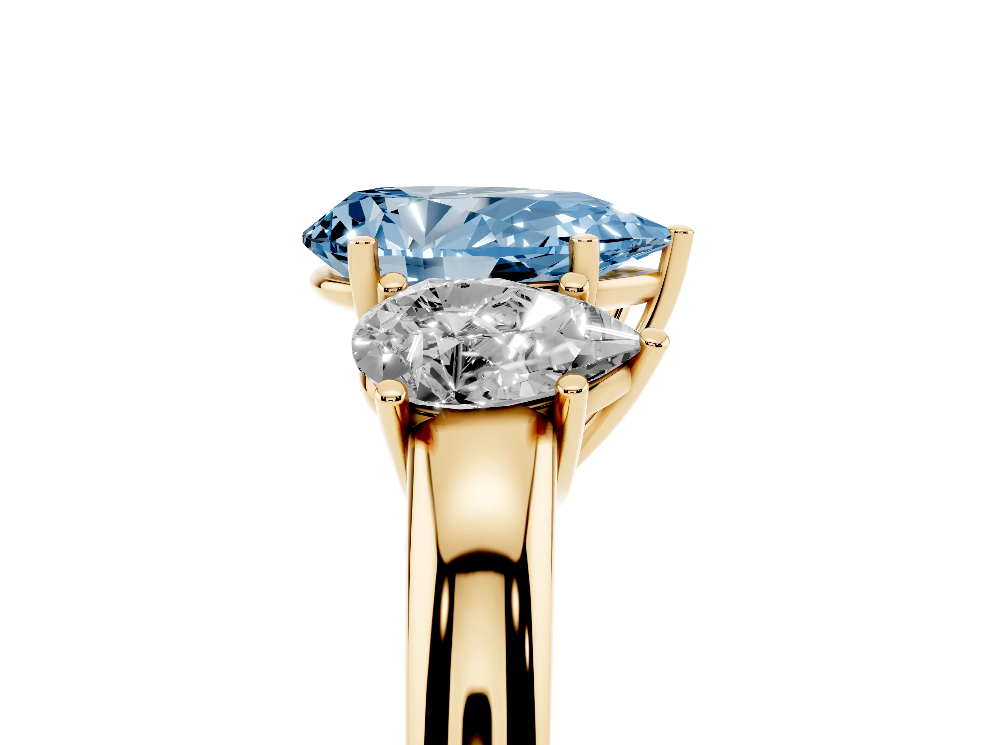 Fancy Blue Pear Cut Diamond Three-Stone Ring Set in Yellow gold with Bold Center and Classic Band