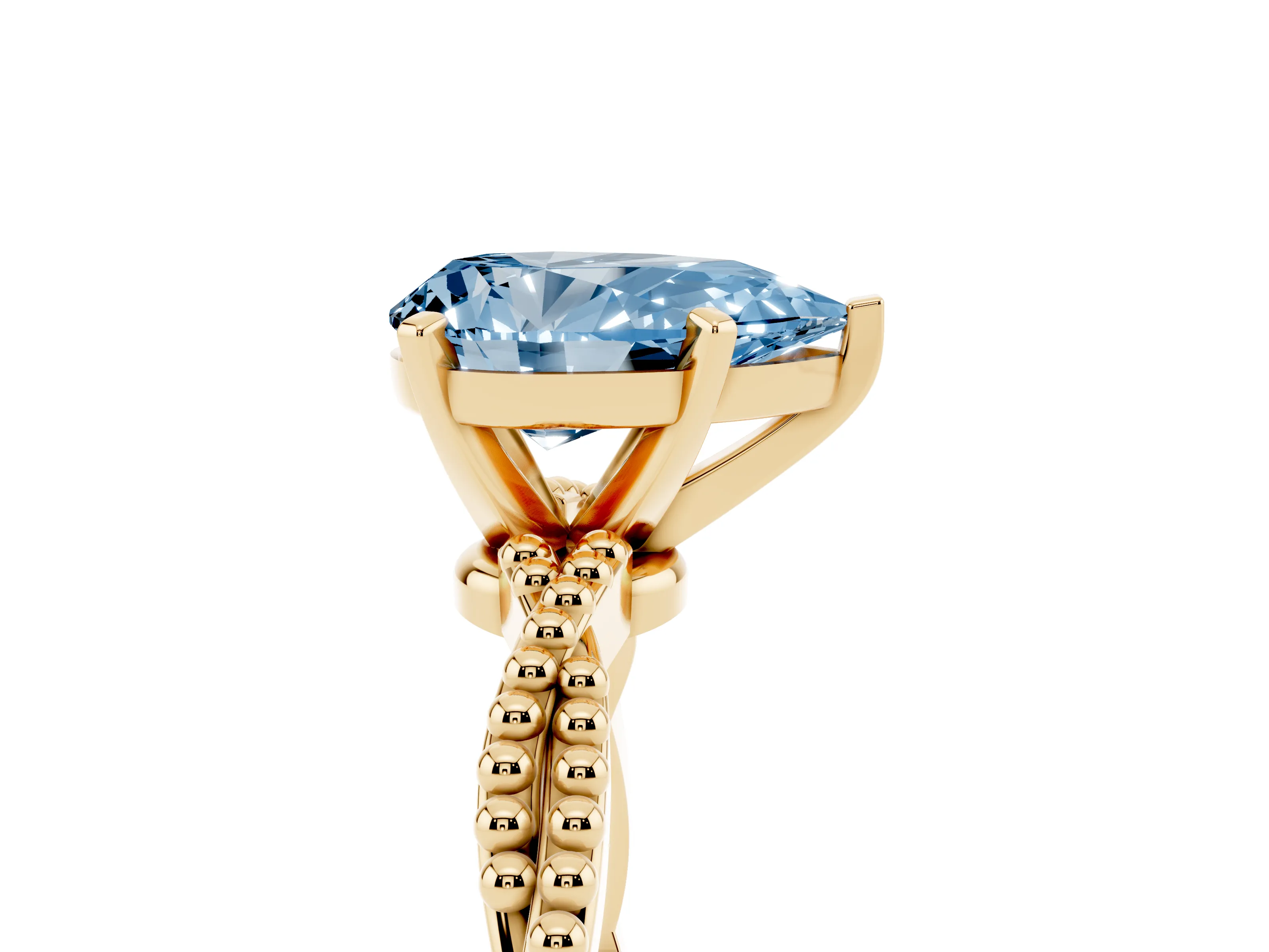 Fancy Blue Pear Cut Diamond Solitaire Ring Set in Yellow gold with Twisted Band and Bead Prong Setting
