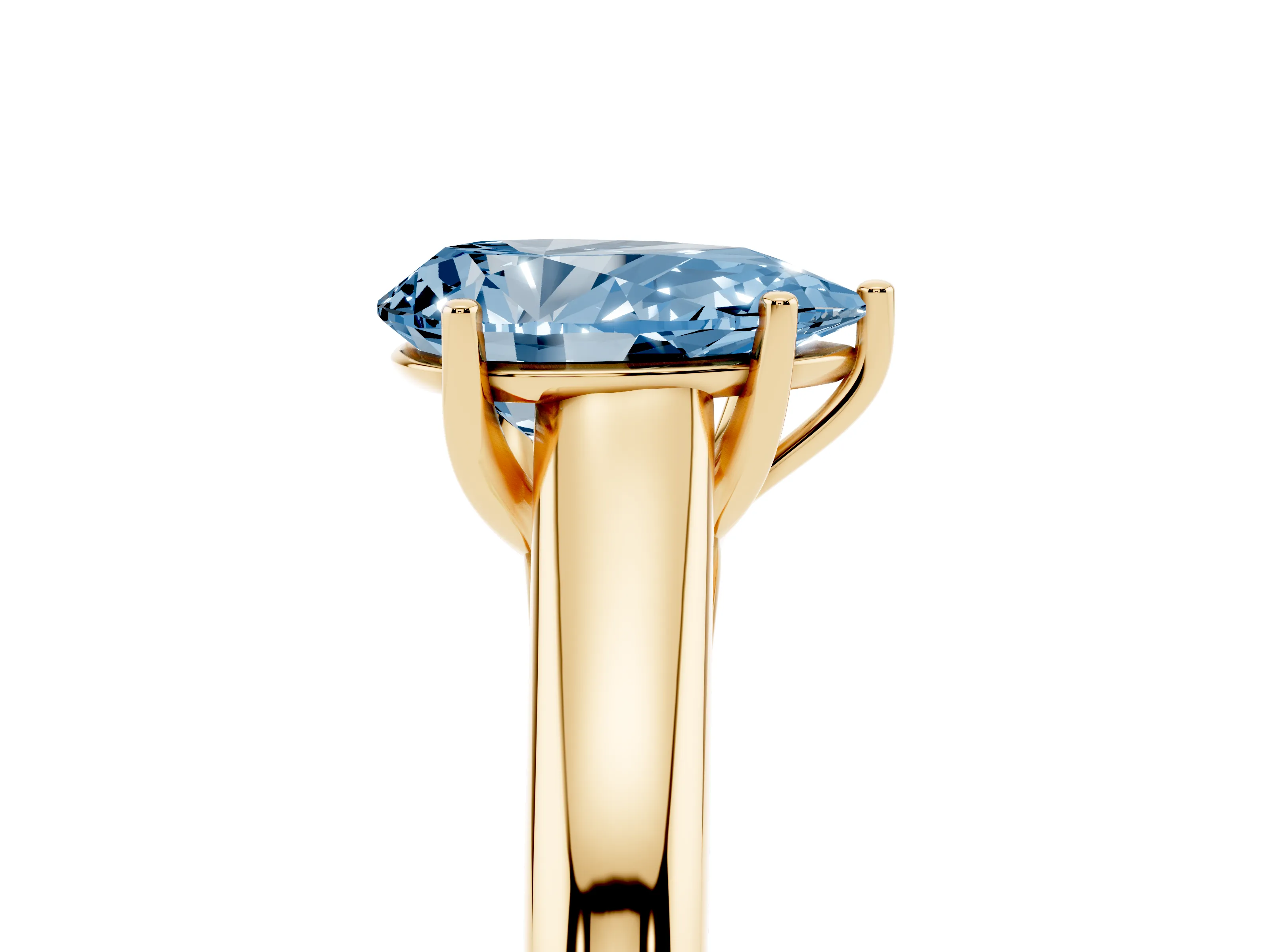 Fancy Blue Pear Cut Diamond Solitaire Engagement Ring Set in Yellow gold with Subtly Tapered Band and Prong Setting