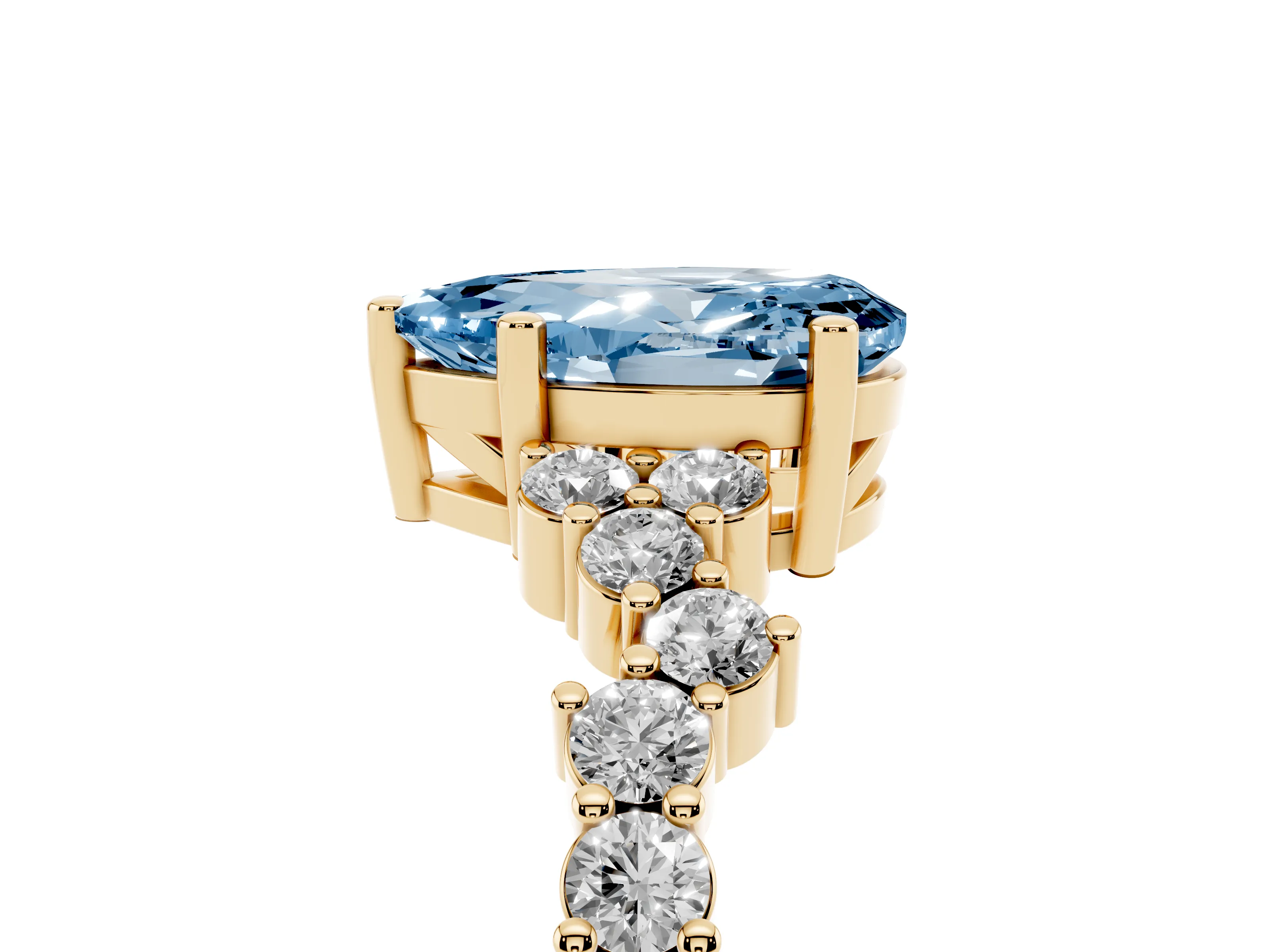 Fancy Blue Pear Cut Diamond Ring Set in Yellow gold with Scattered Round Accents