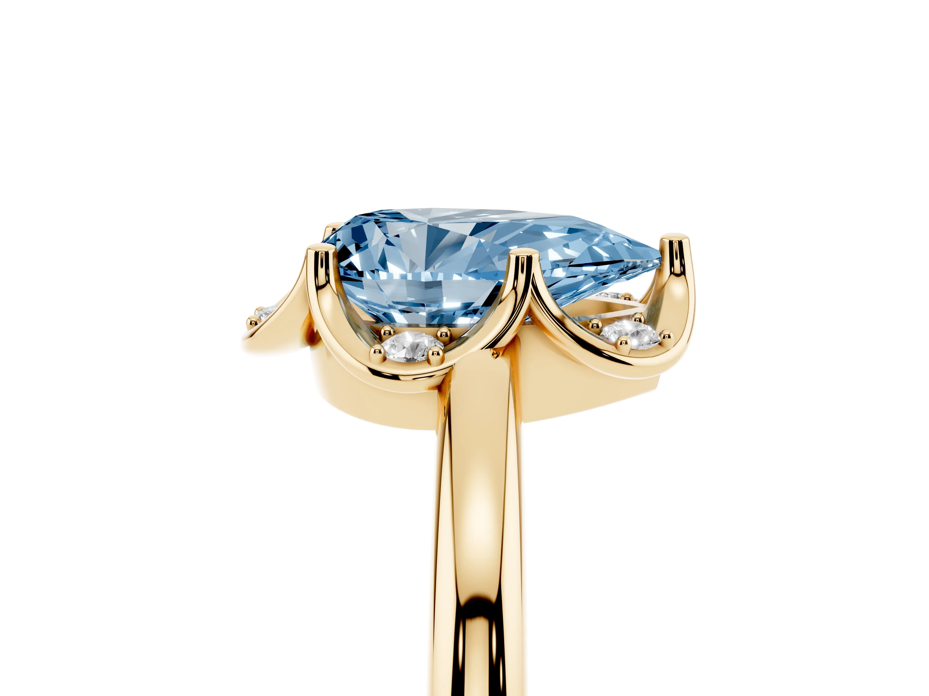 Fancy Blue Pear Cut Diamond Round Cluster Halo Ring Set in Yellow gold with Solitaire Band and Prong Setting