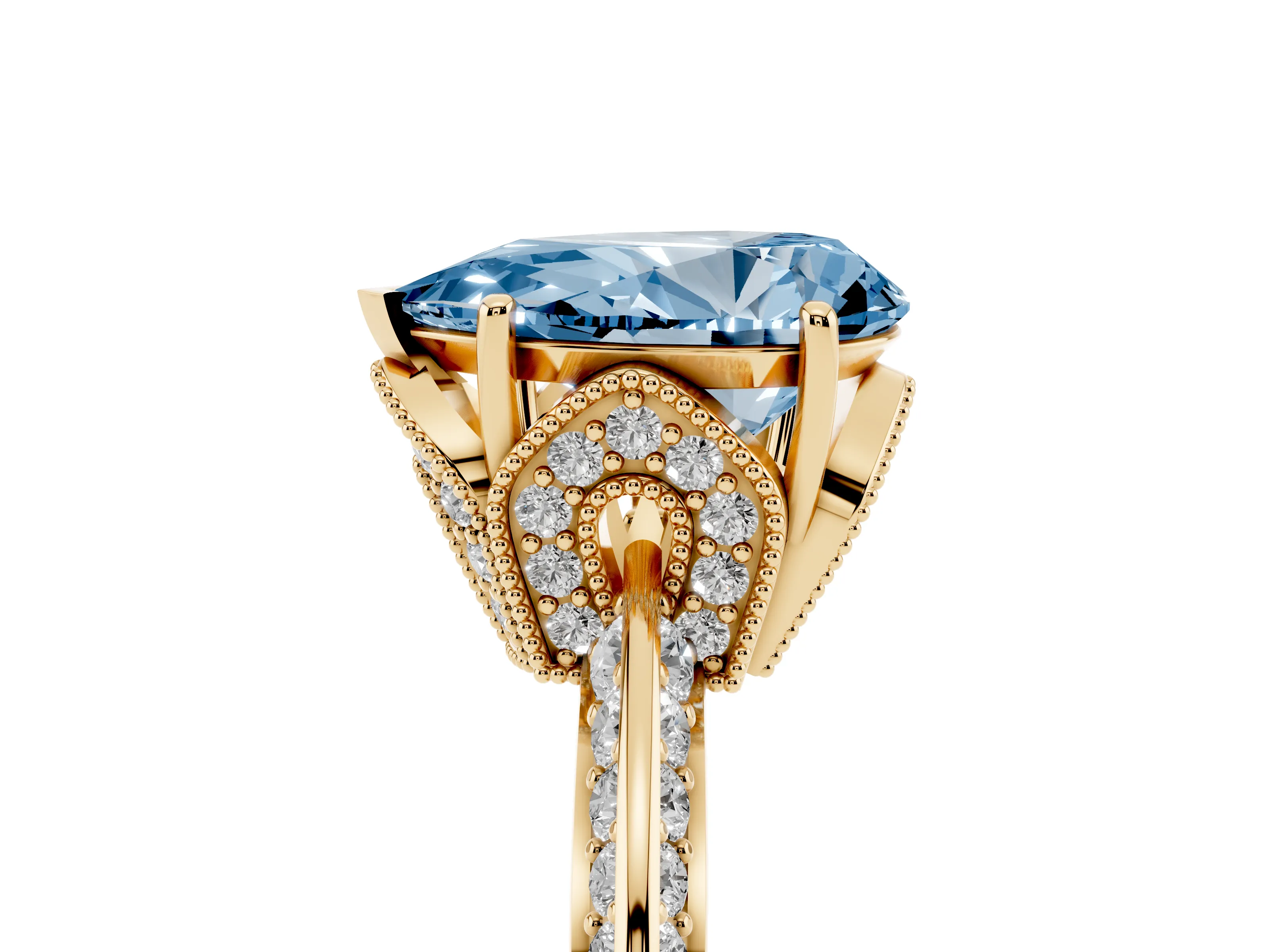 Fancy Blue Pear Cut Diamond Solitaire Engagement Ring Set in Yellow gold with Pavé Split Shank and Prong Setting