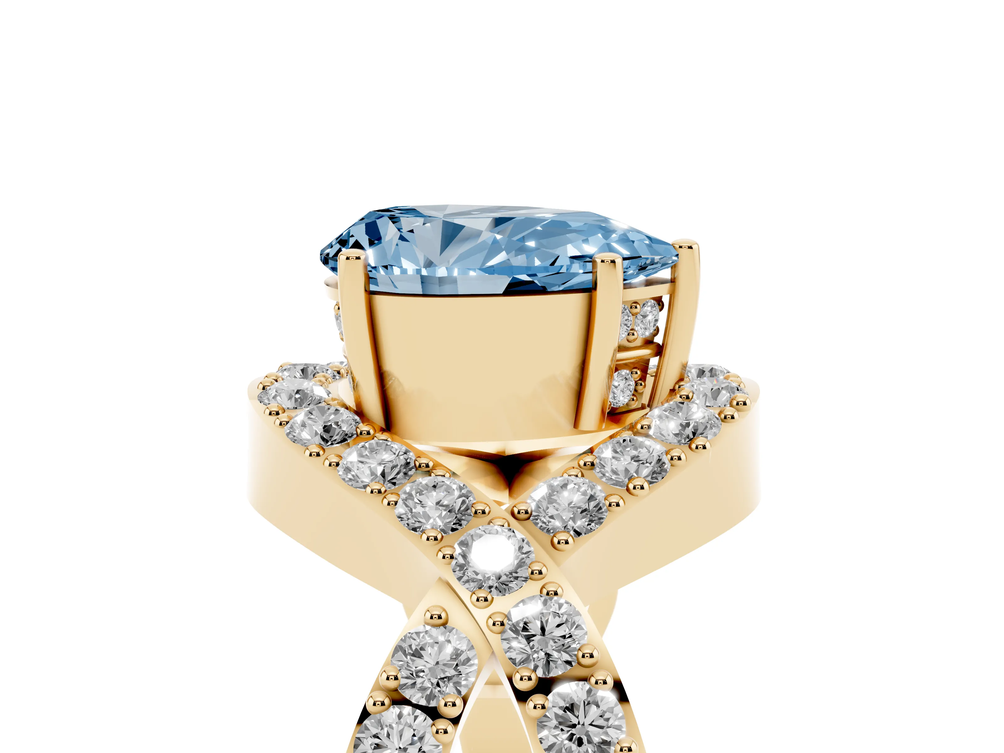 Fancy Blue Pear Cut Diamond Solitaire Twist Band Pavé Engagement Ring Set in Yellow gold