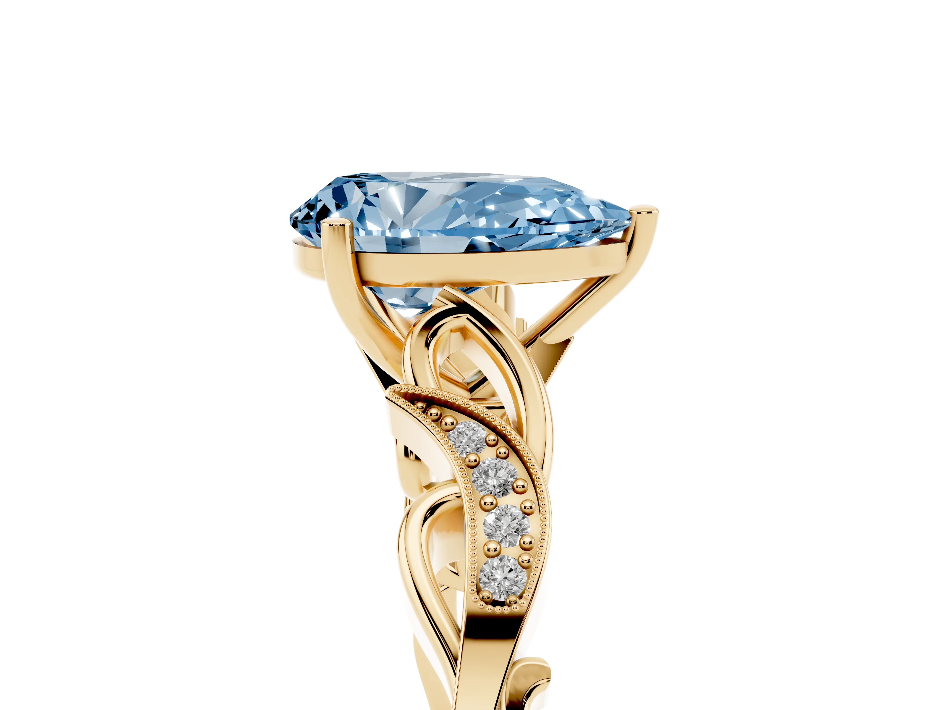 Fancy Blue Pear Cut Diamond Vine Band Solitaire Ring Set in Yellow gold with Milgrain Prong Setting