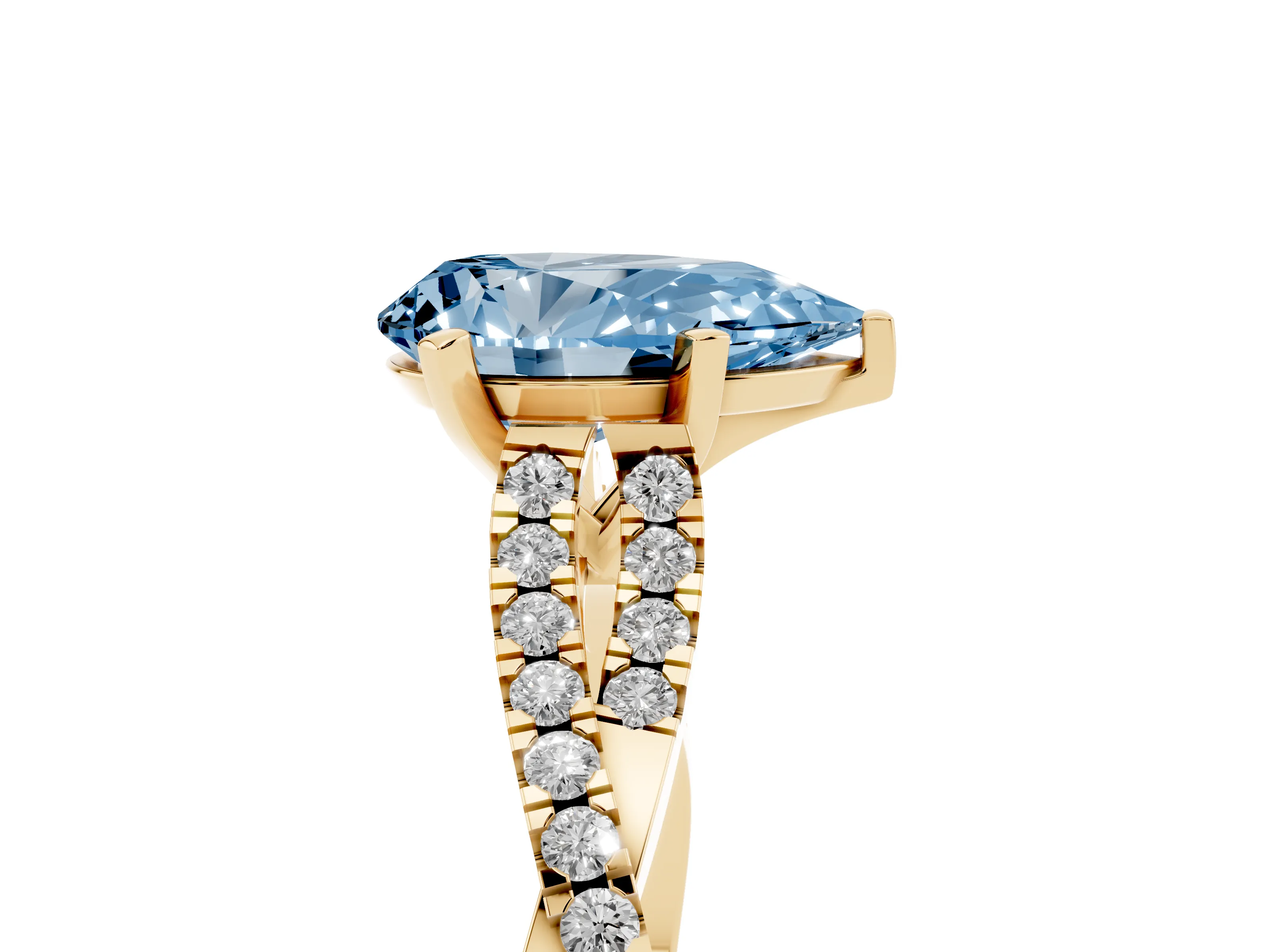 Fancy Blue Pear Cut Diamond Solitaire Engagement Ring Set in Yellow gold with Twisted Pavé Band and Prong Setting