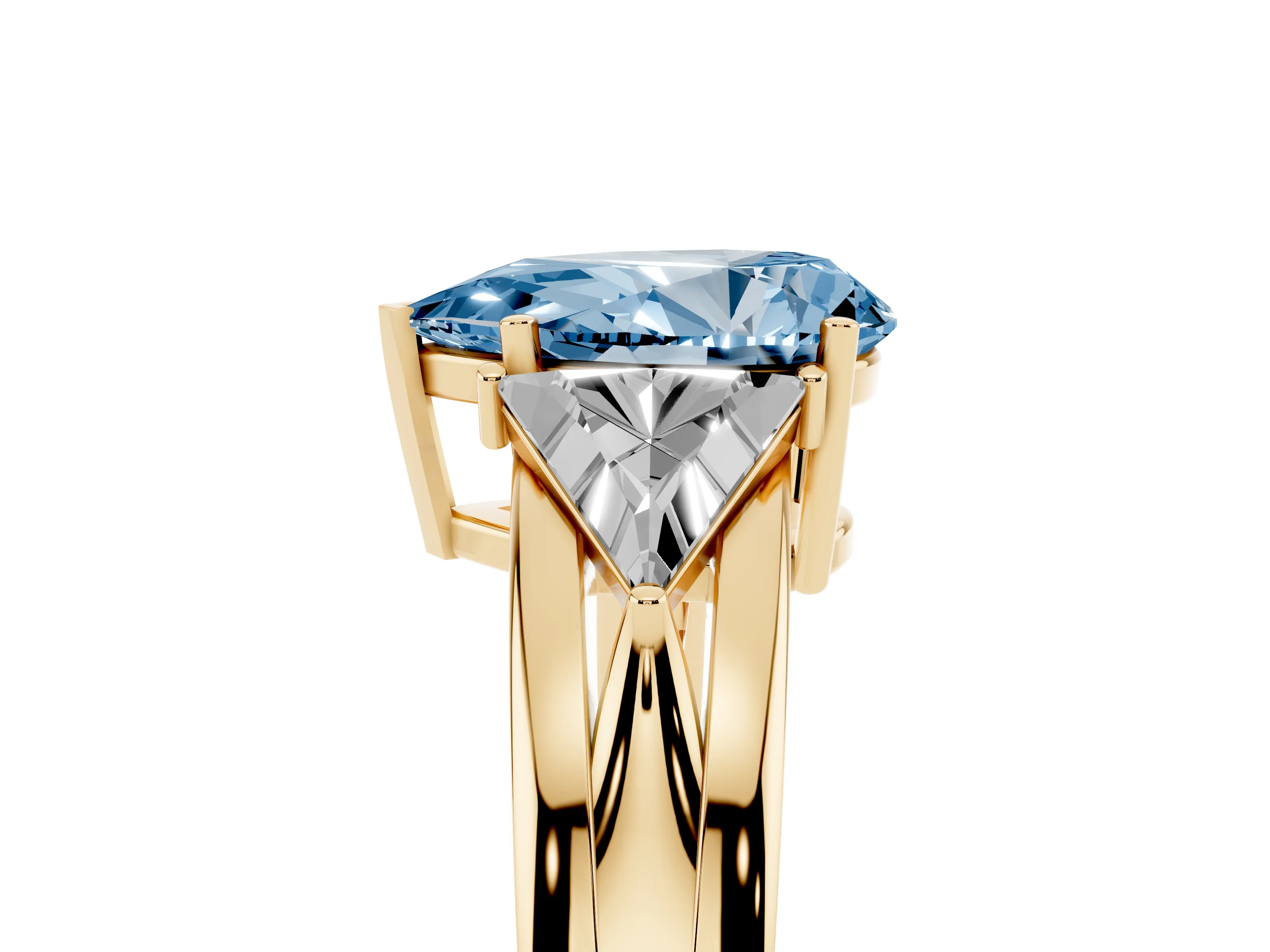 Fancy Blue Pear Cut Diamond Three-Stone Ring Set in Yellow gold with Trillion Side Stones and Split Shank