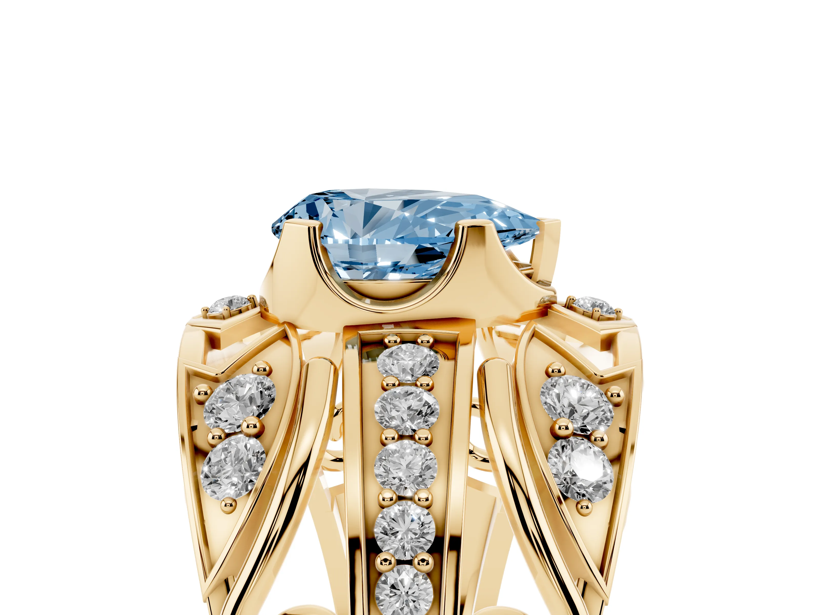 Fancy Blue Pear Cut Diamond Art Deco Ring Set in Yellow gold with Pavé Split Shank