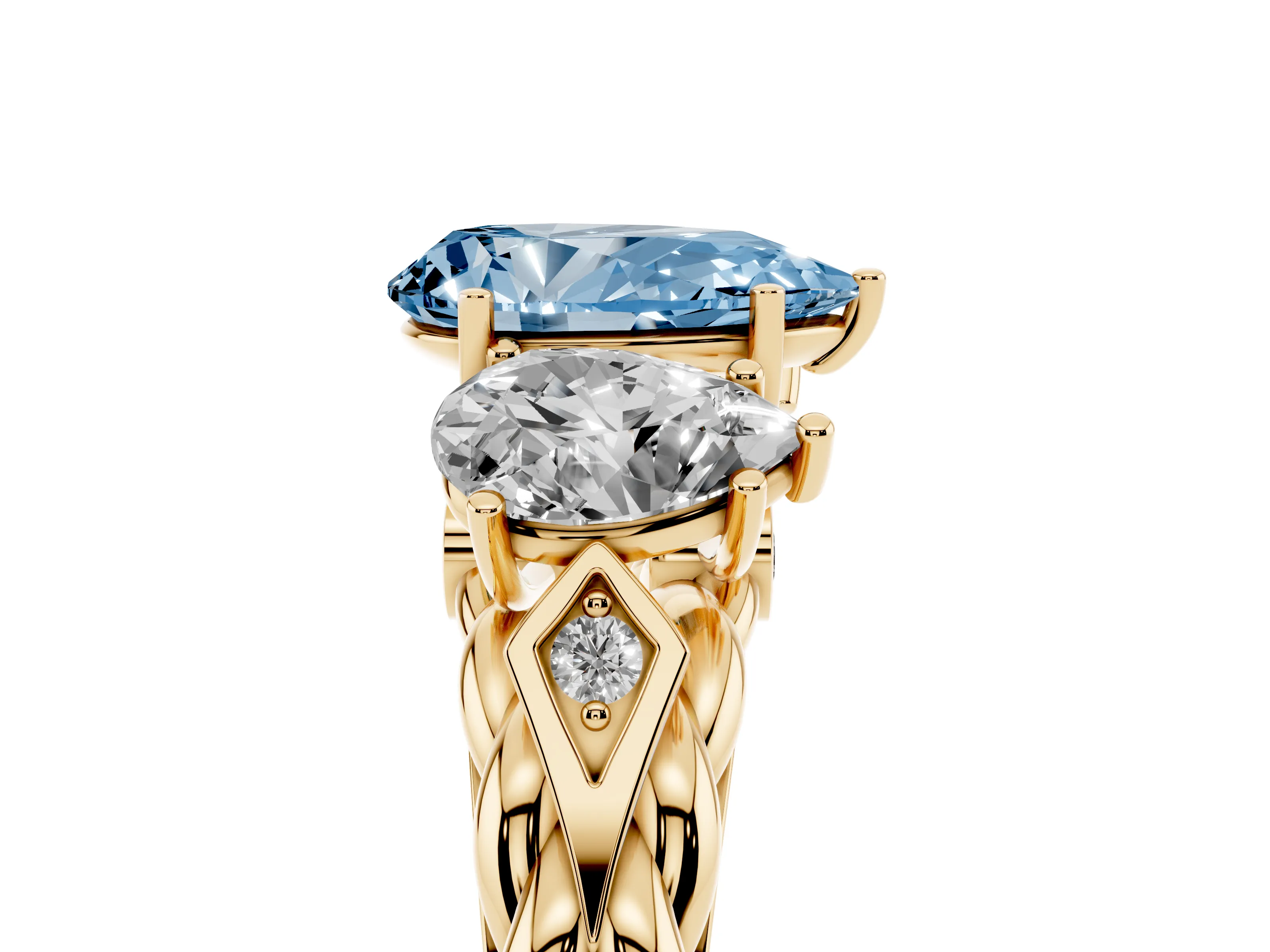 Fancy Blue Pear Cut Diamond Three-Stone Ring Set in Yellow gold with Braided Band