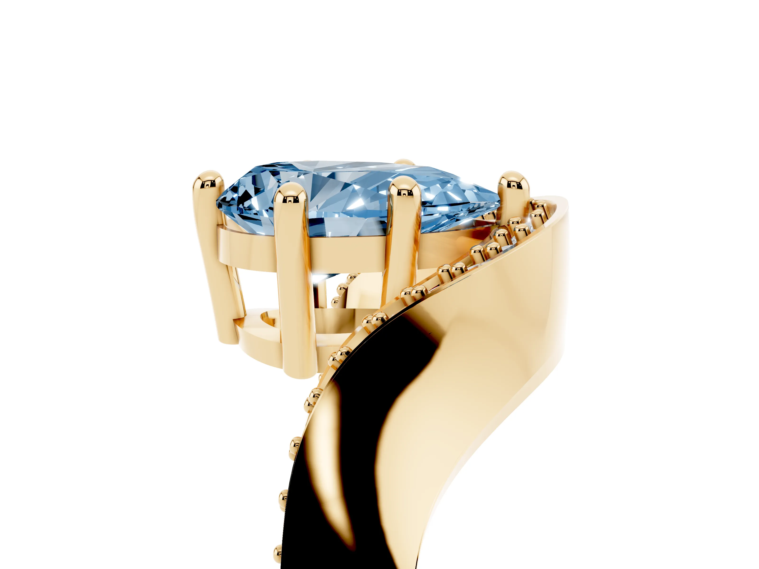 Fancy Blue Pear Cut Diamond Solitaire Engagement Ring Set in Yellow gold with Pavé Shoulders