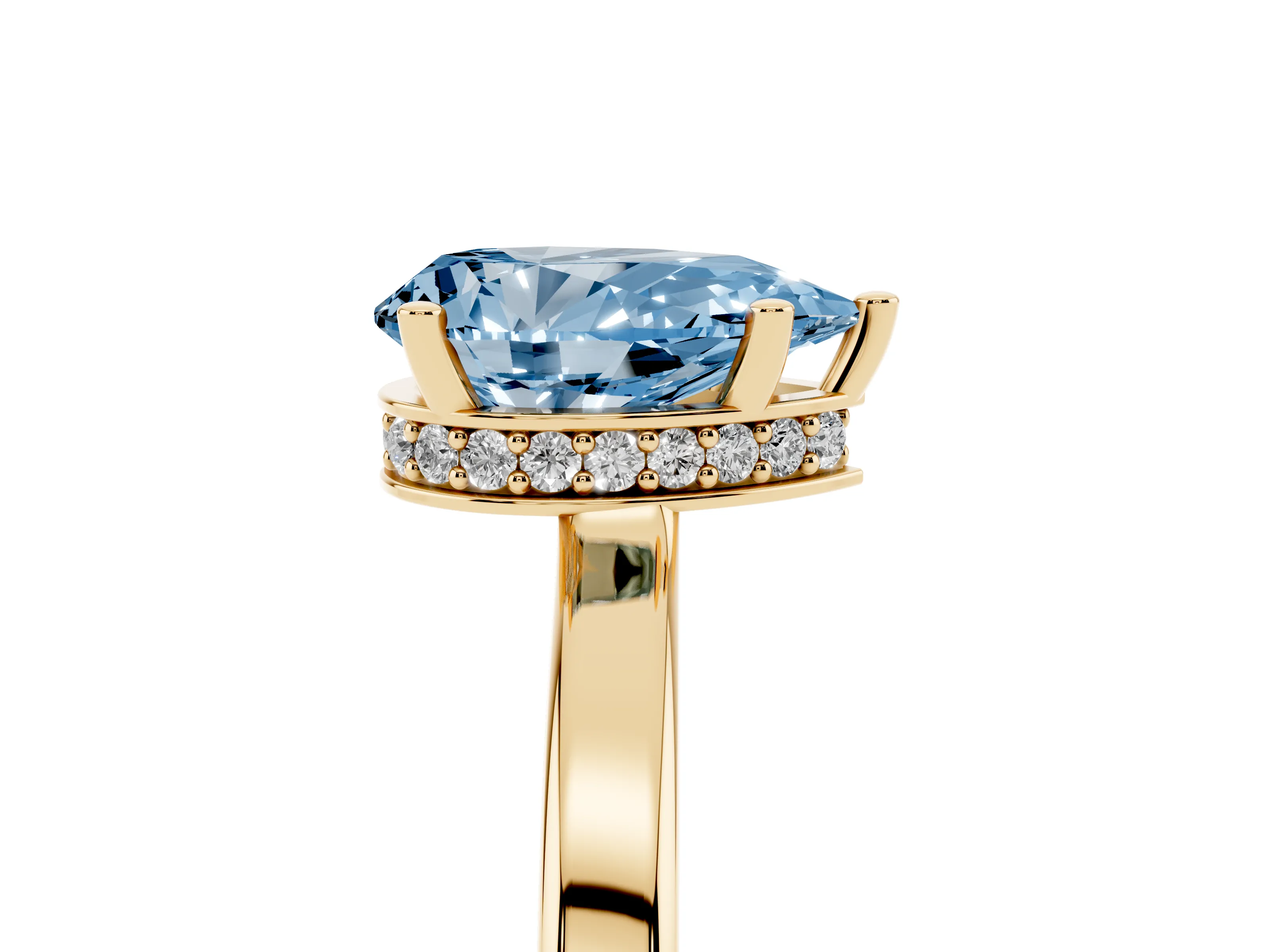 Fancy Blue Pear Cut Diamond Solitaire Engagement Ring Set in Yellow gold with Prong Setting on a Plain Band