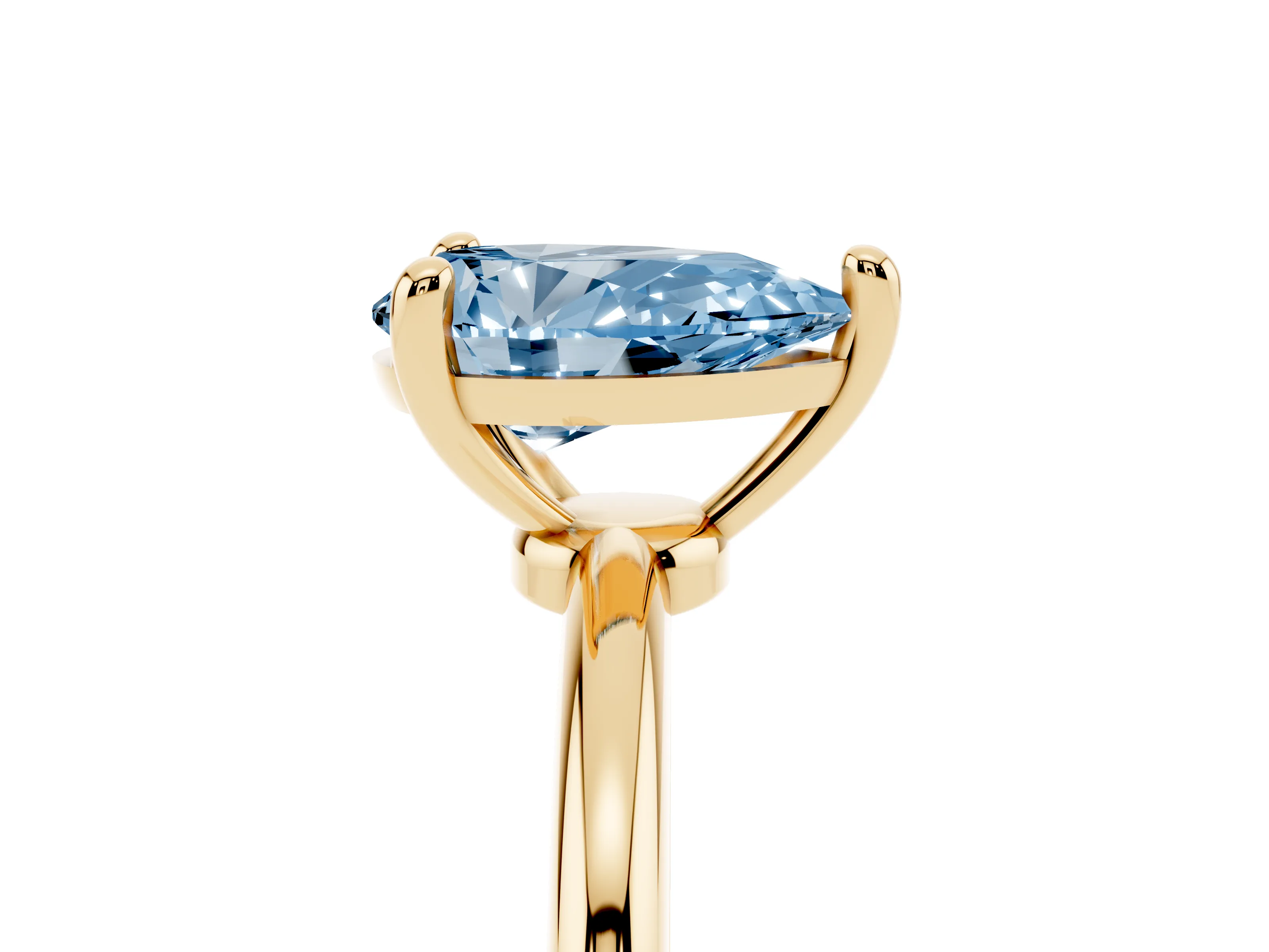 Fancy Blue Pear Cut Diamond Solitaire Ring Set in Yellow gold with Secure Prong Setting on a Classic Band