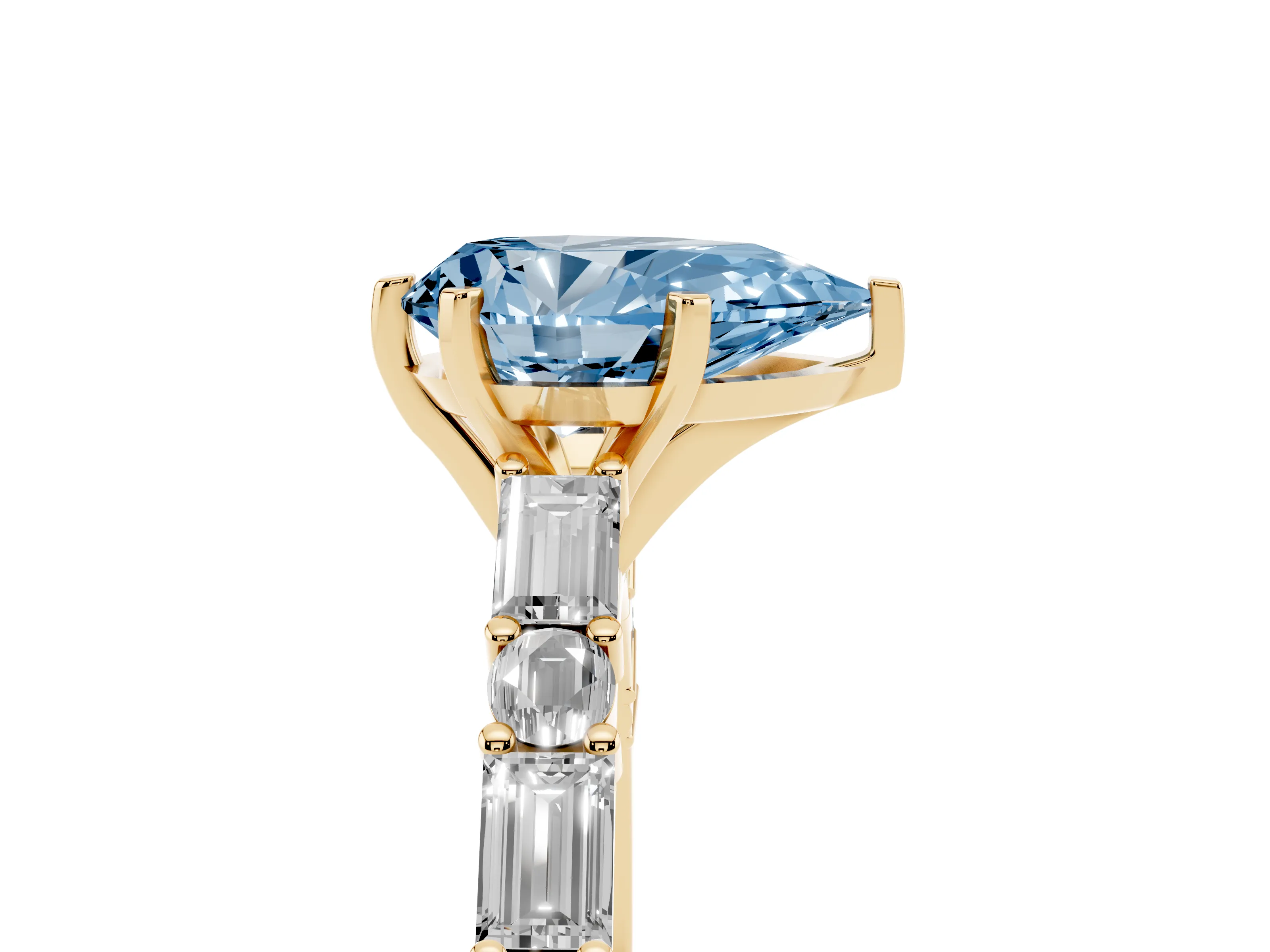 Fancy Blue Pear Cut Diamond Solitaire Set in Yellow gold with Side Baguettes and Channel Set Band
