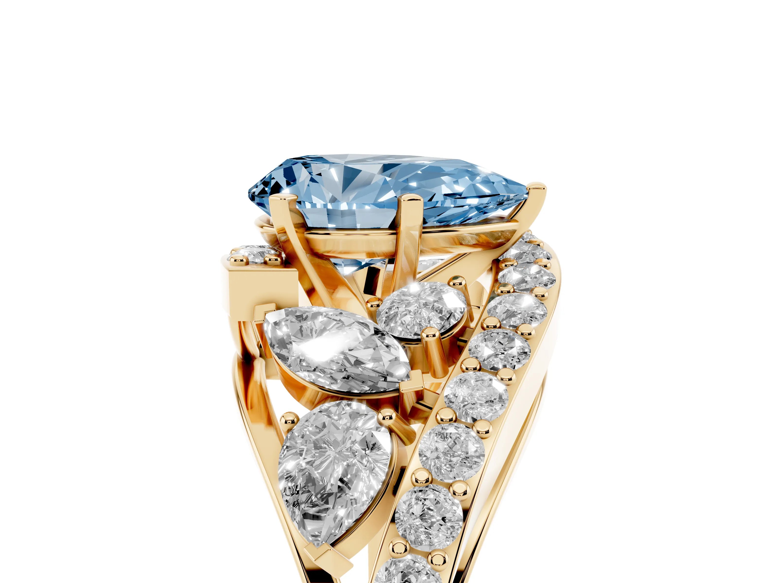 Fancy Blue Pear Cut Diamond Halo Ring Set in Yellow gold with Marquise and Pavé Band in Prong Setting