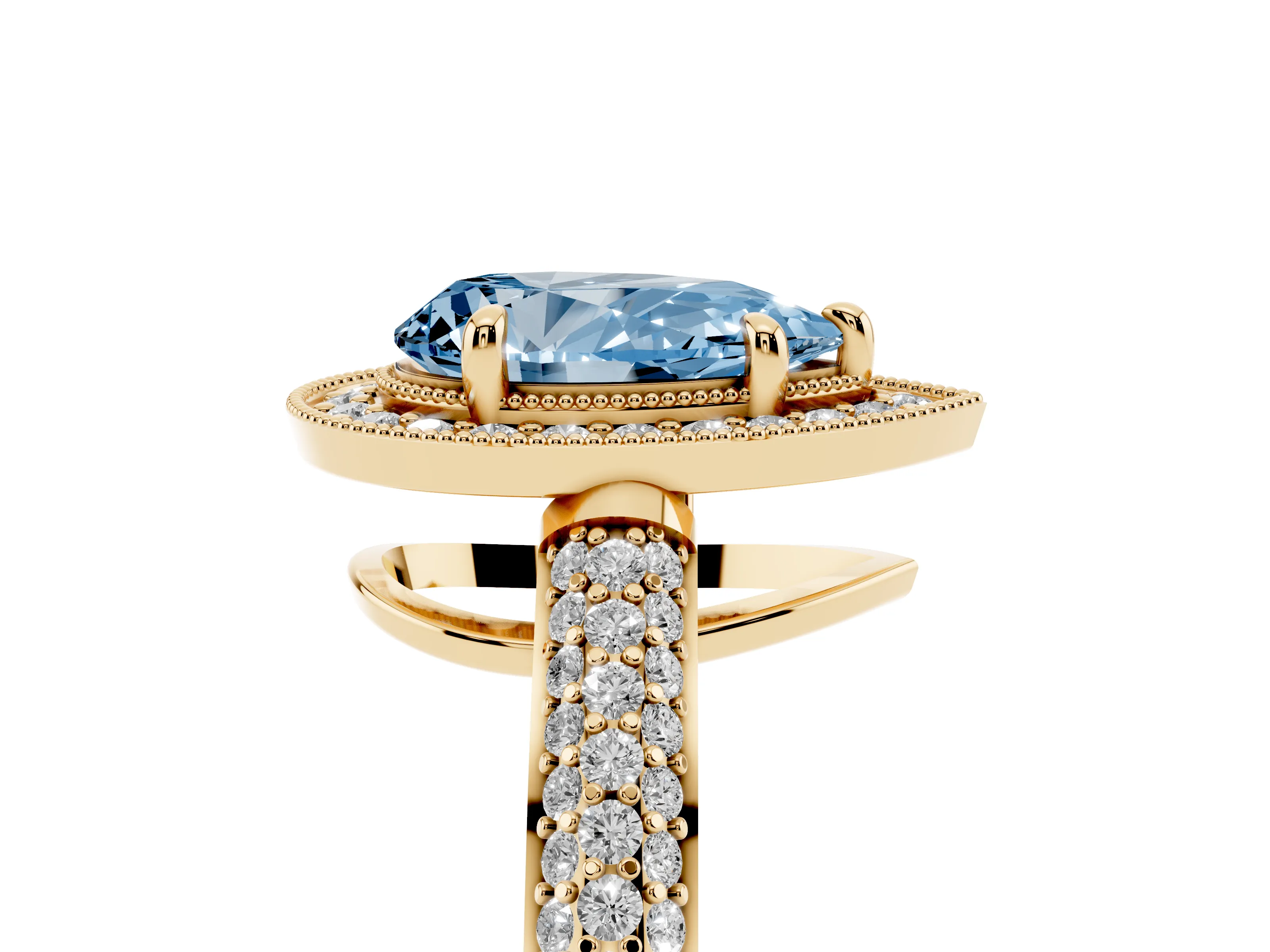 Fancy Blue Pear Cut Diamond Halo Pavé Band Set in Yellow gold with Prong Setting