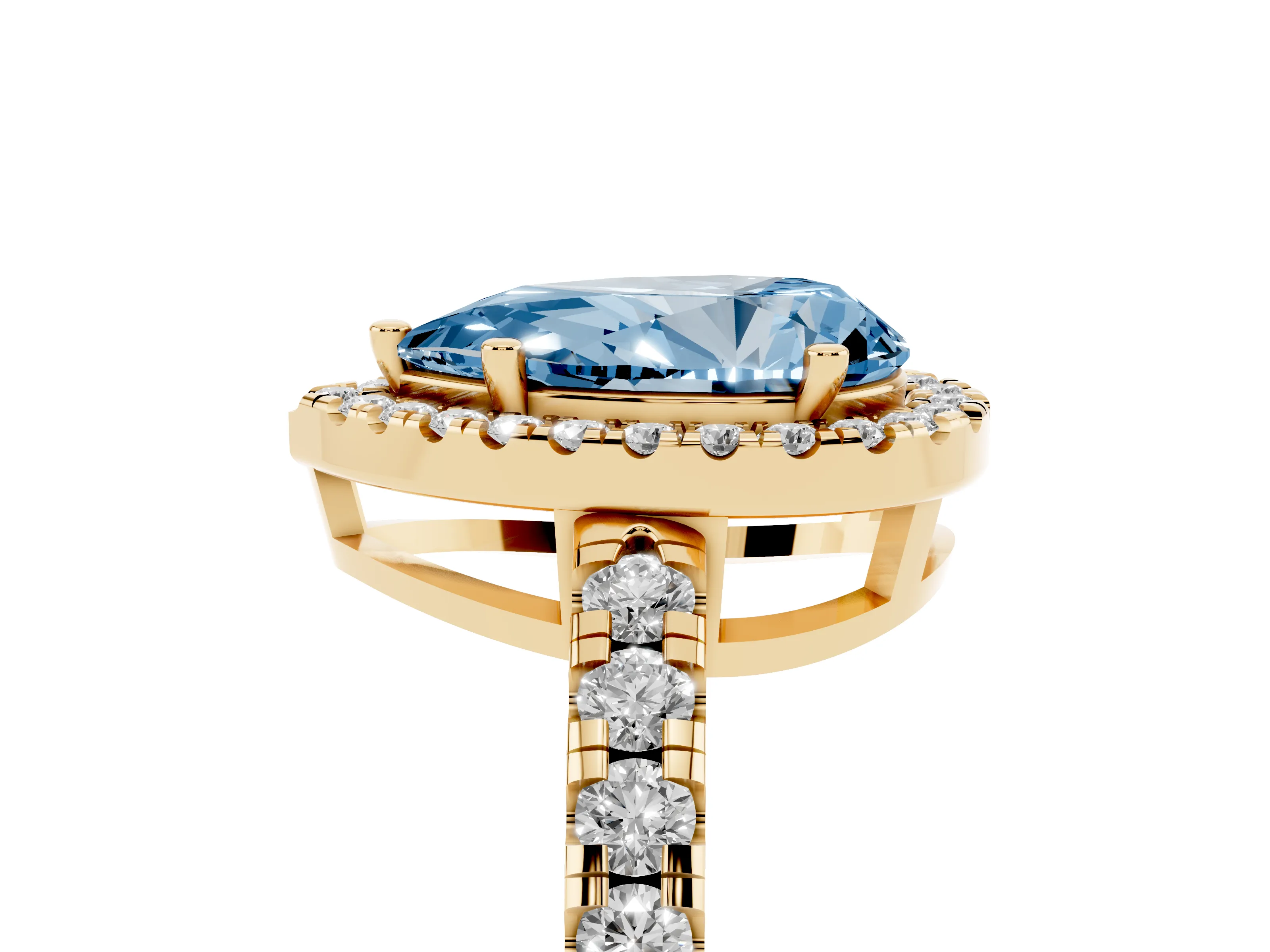 Fancy Blue Pear Cut Diamond Halo Ring Set in Yellow gold with Delicate Pavé Band and Prong Setting