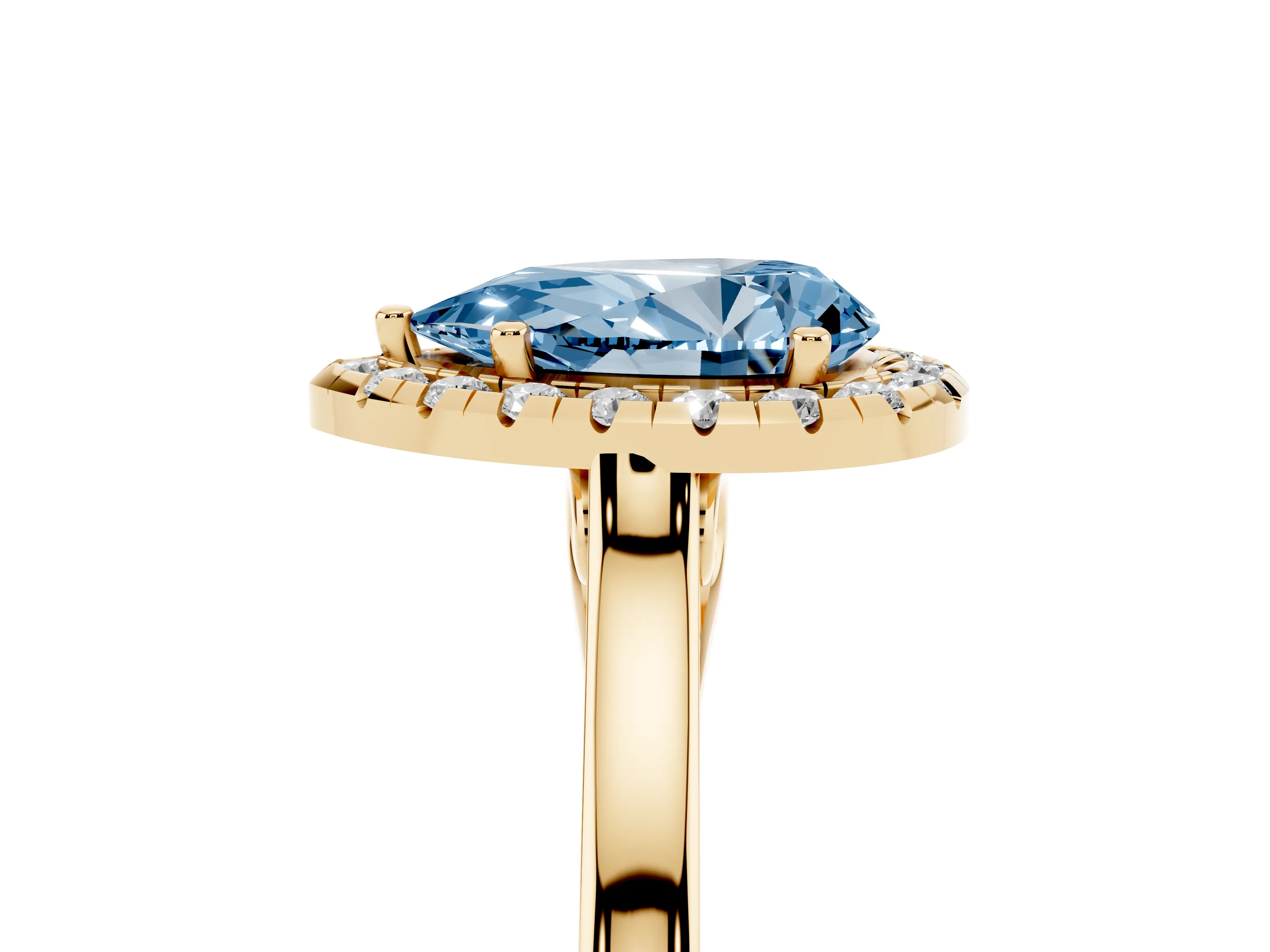 Fancy Blue Pear Cut Halo Round Diamond Solitaire Ring Set in Yellow gold with Pavé Band and Prong Setting