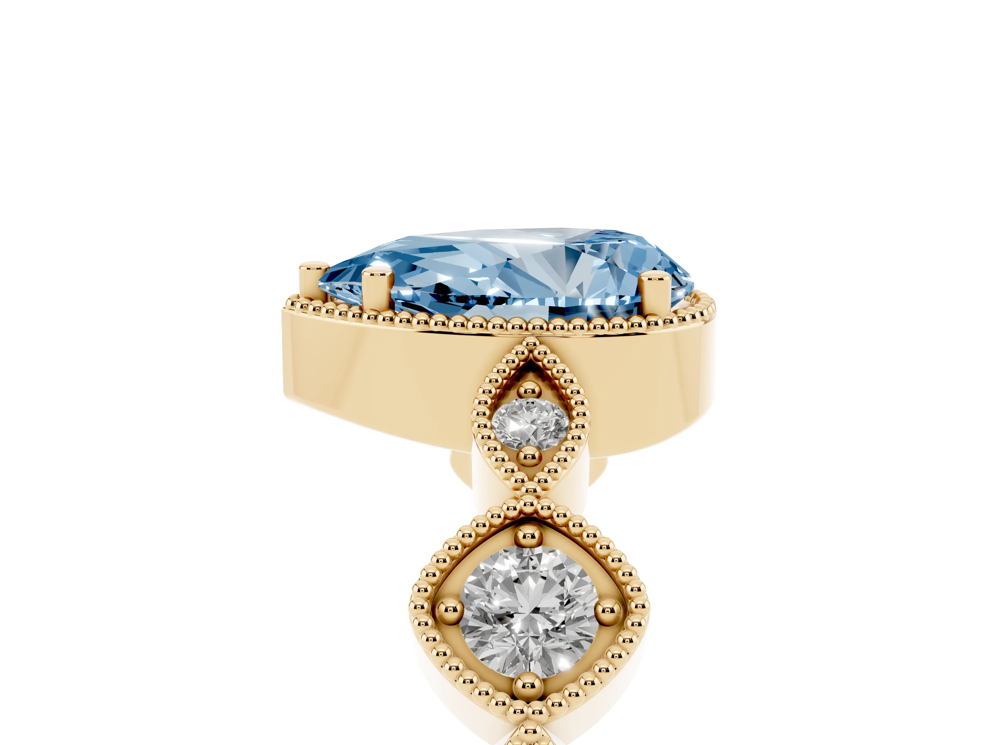 Fancy Blue Pear Cut Diamond Vintage-Inspired Milgrain Ring Set in Yellow gold with Marquise Stations of Round Accents