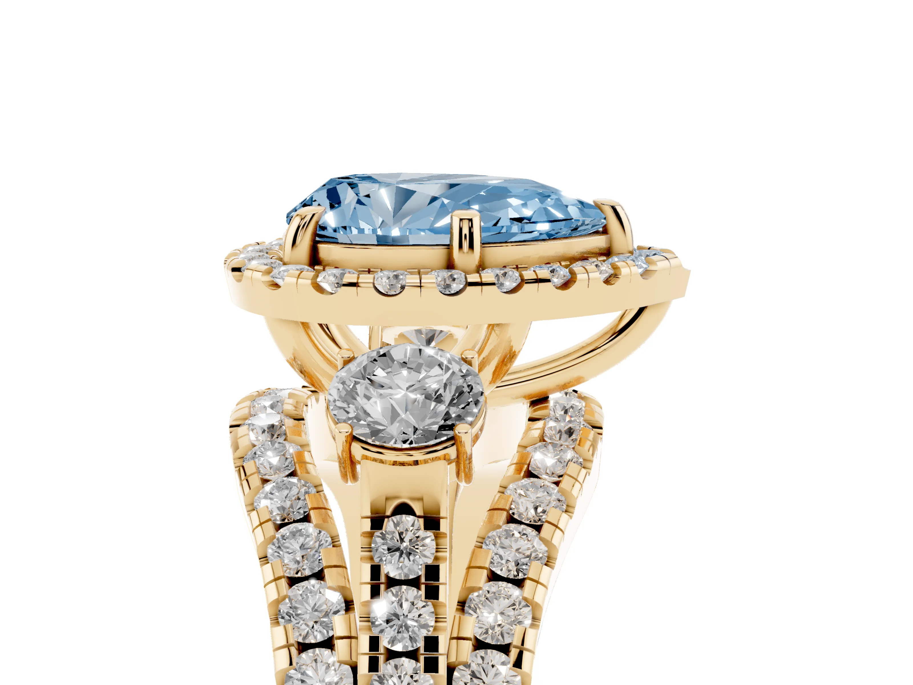 Fancy Blue Pear Cut Diamond Halo Split Shank Ring Set in Yellow gold with Round Accent Stones and Prong Setting