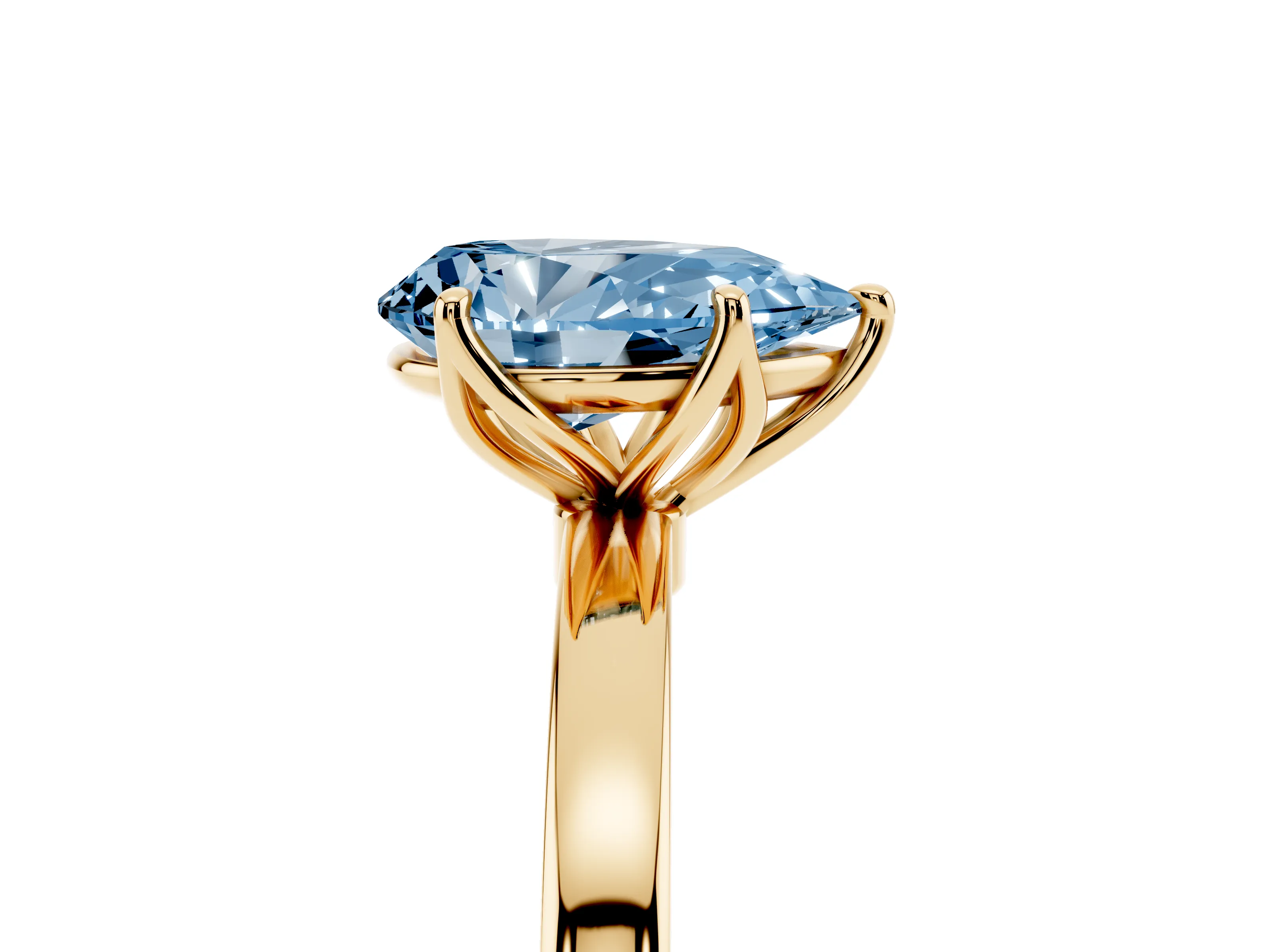 Fancy Blue Pear Cut Diamond Solitaire Ring Set in Yellow gold with Prong Setting and Thin Polished Band
