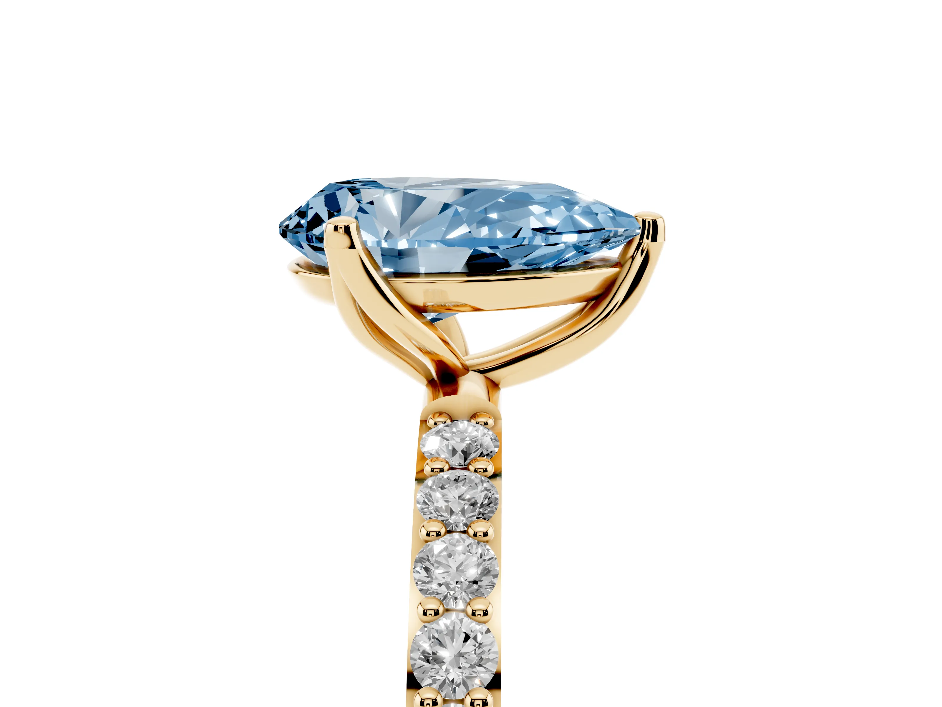 Fancy Blue Pear Cut Diamond Solitaire Engagement Ring Set in Yellow gold with Round Pavé Band and Prong Setting