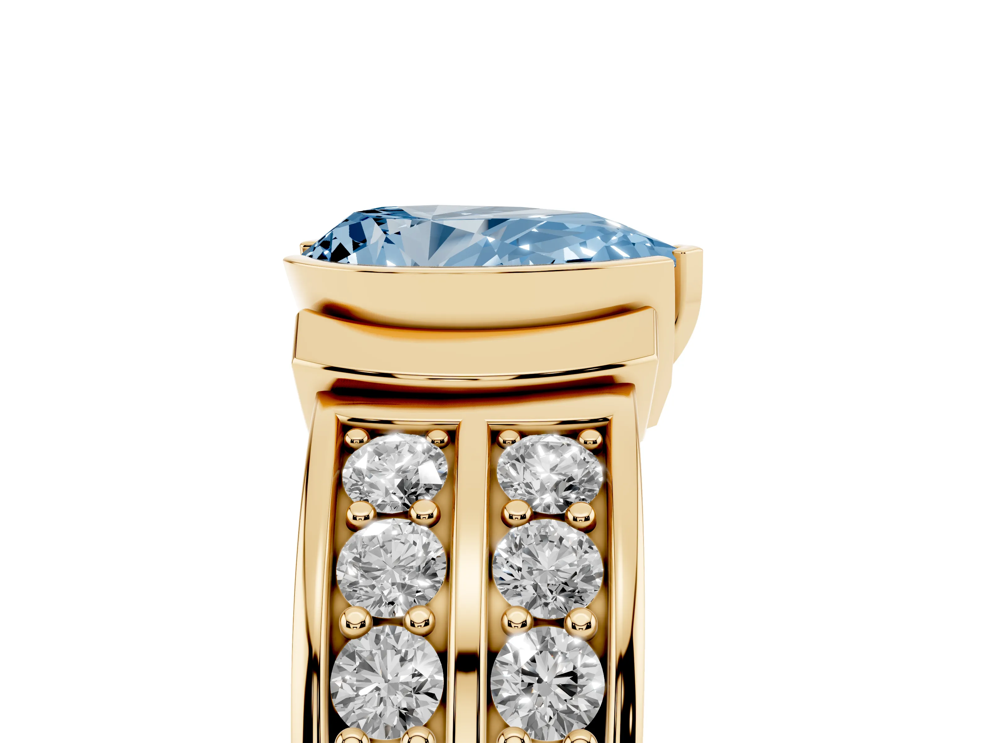 Fancy Blue Pear Cut Diamond Wide Channel Set Band Ring Set in Yellow gold with Bezel Setting