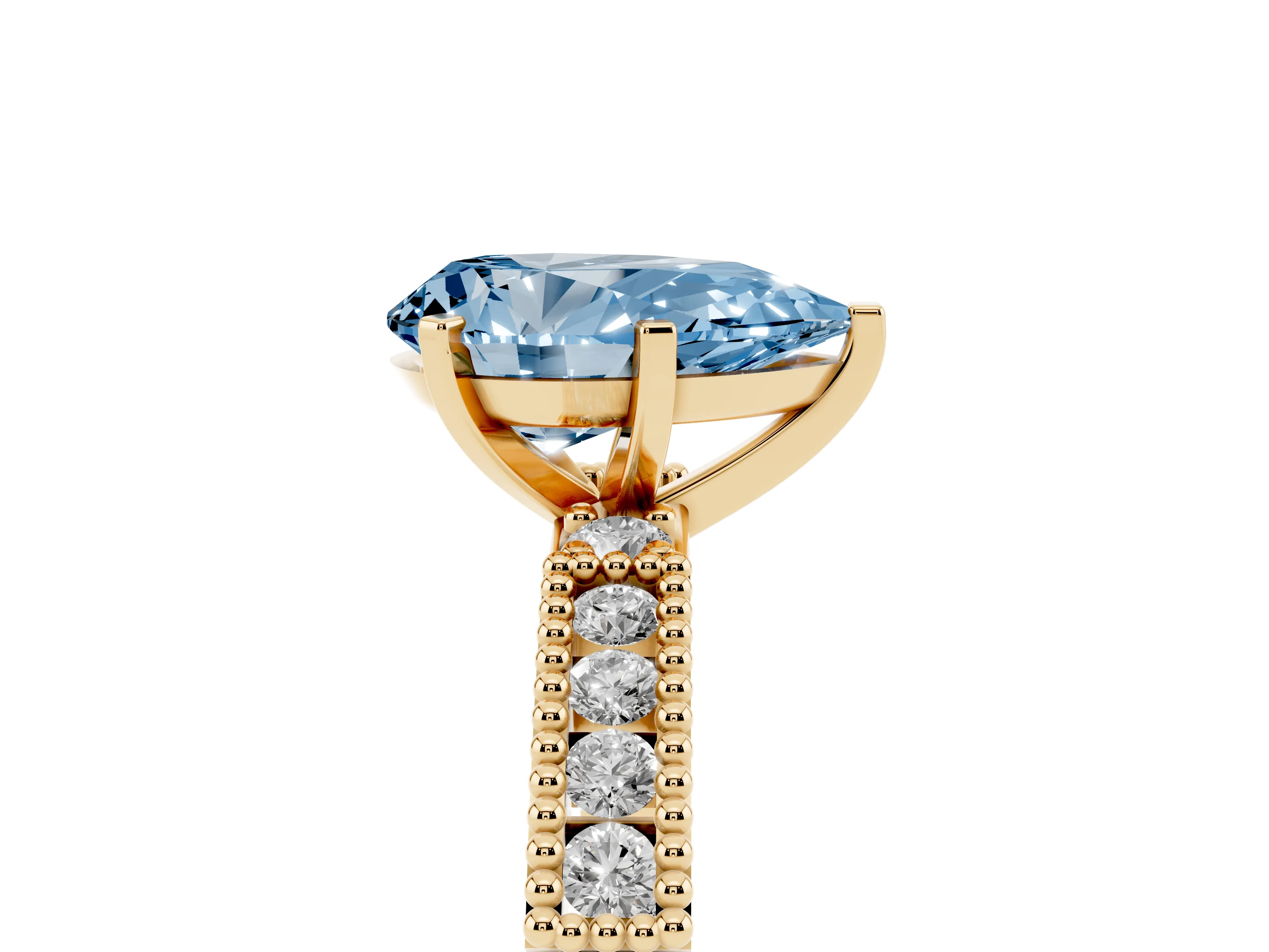 Fancy Blue Pear Cut Diamond Solitaire Ring Set in Yellow gold with Slim Pavé Band and Prong Setting