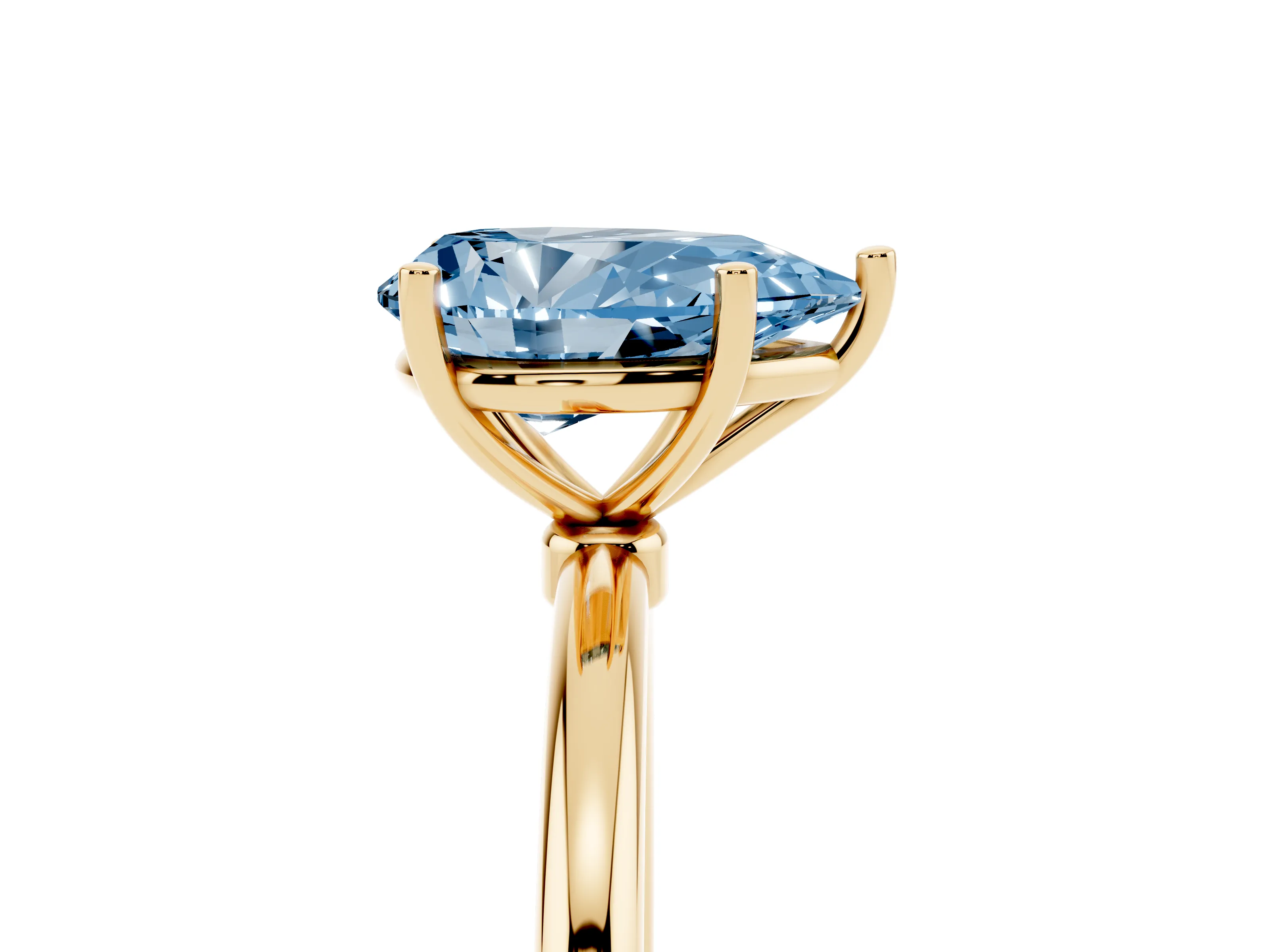 Fancy Blue Pear Cut Diamond Solitaire Engagement Ring Set in Yellow gold with Thin Band and Prong Setting