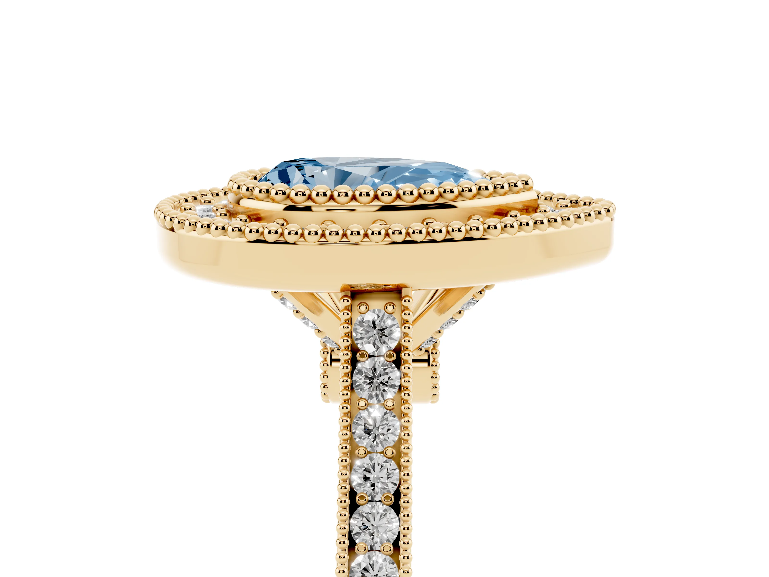 Fancy Blue Pear Cut Diamond Halo Ring Set in Yellow gold with Milgrain Frame and Pavé Band