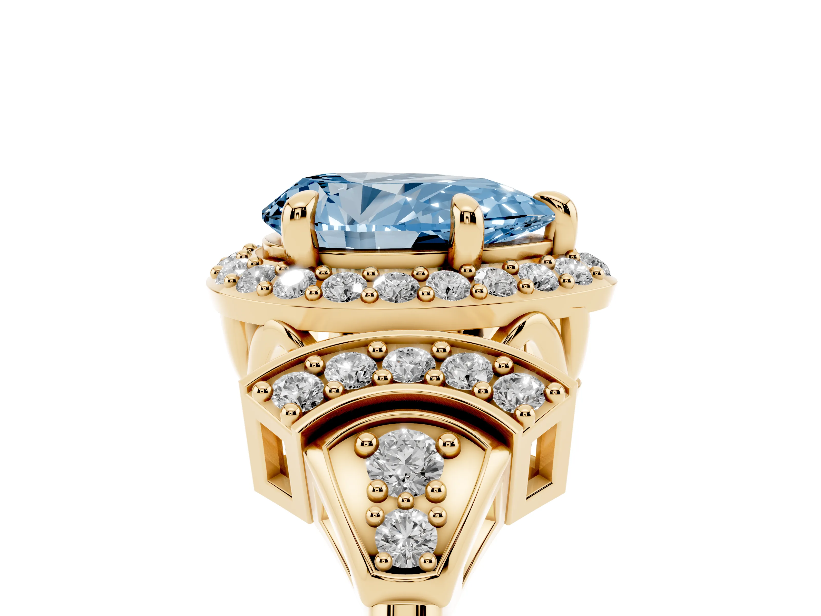 Fancy Blue Pear Cut Diamond Halo Engagement Ring Set in Yellow gold with Accent Stone Split Shank