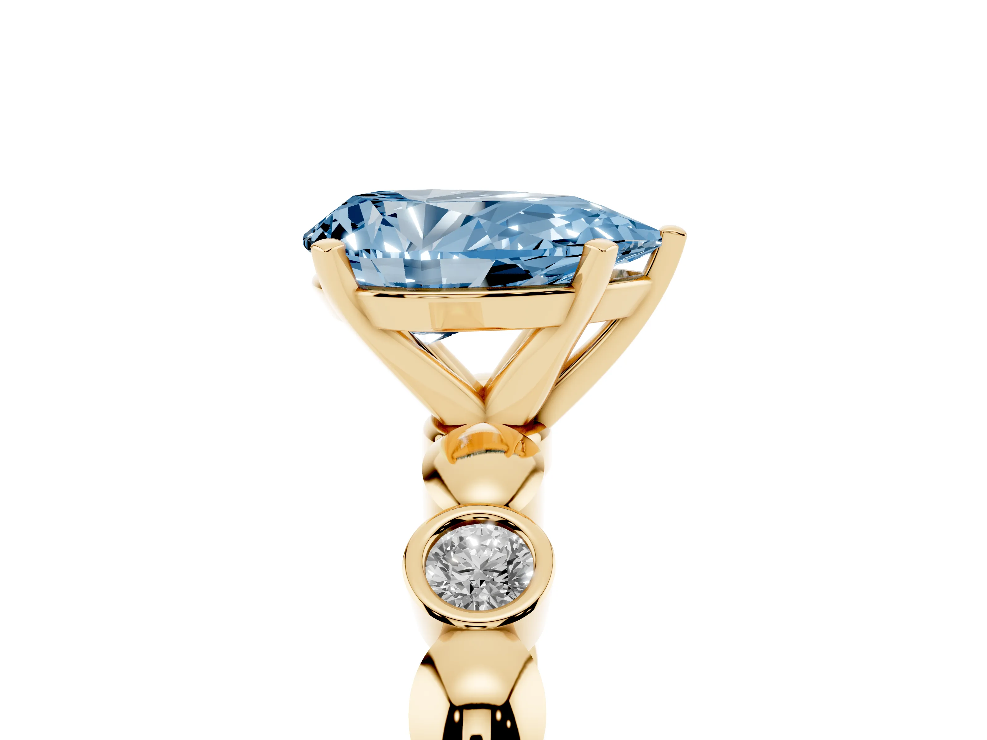Fancy Blue Pear Cut Diamond Solitaire Ring Set in Yellow gold with Bezel-Set Accents on Beaded Band and Prong Setting